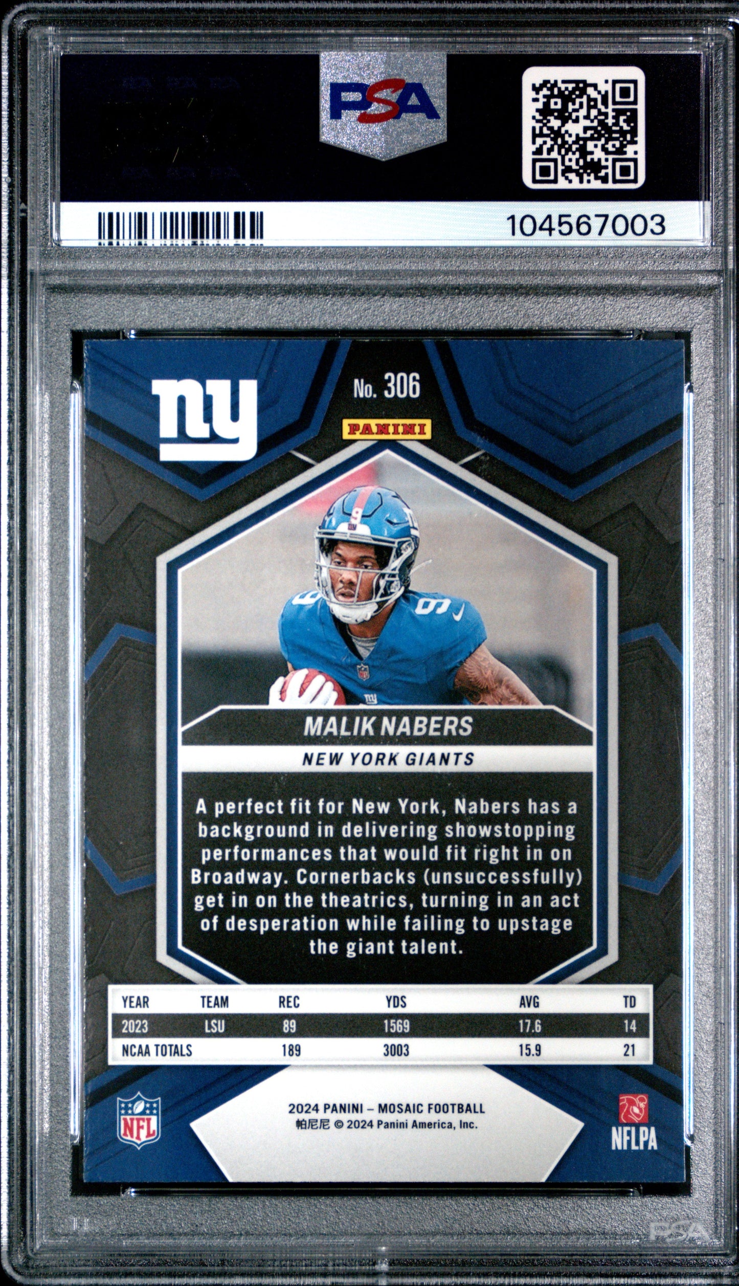 Graded 2024 Panini Mosaic Malik Nabers #306 Rookie RC Football Card PSA 8 Near Mint