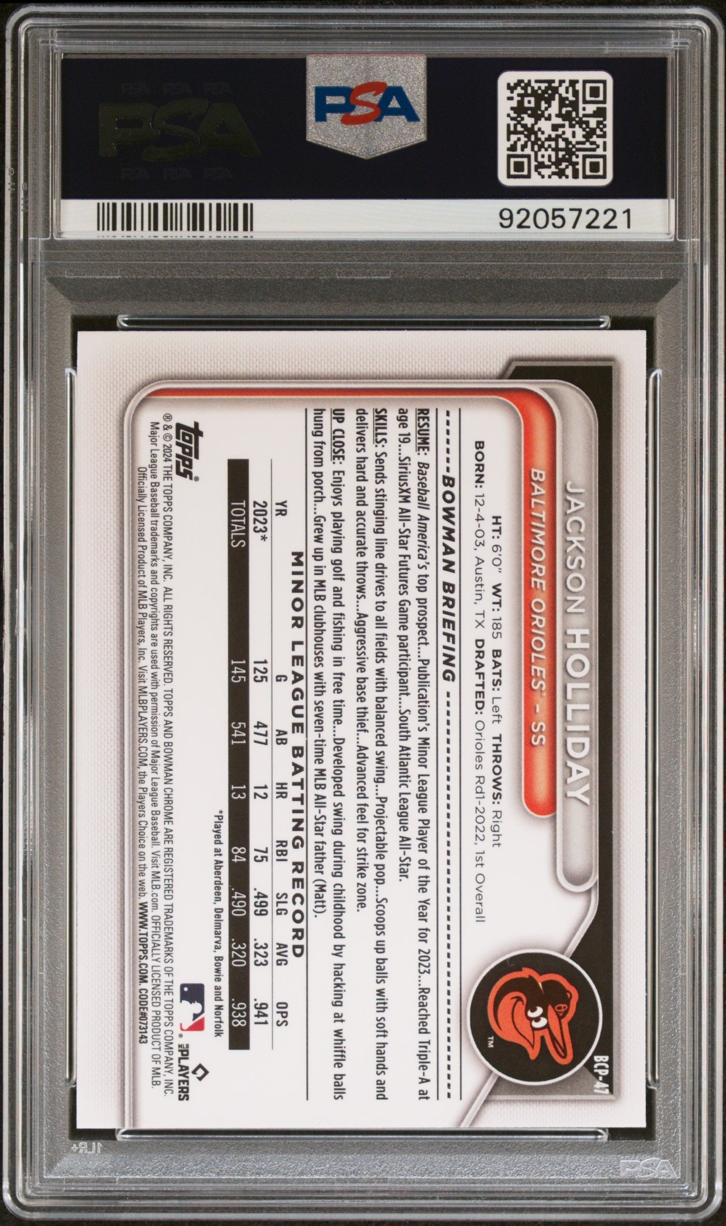 Graded 2024 Topps Bowman Jackson Holliday #BCP47 Chrome Prospects Lunar Glow Rookie RC Baseball Card PSA 10 Gem Mint