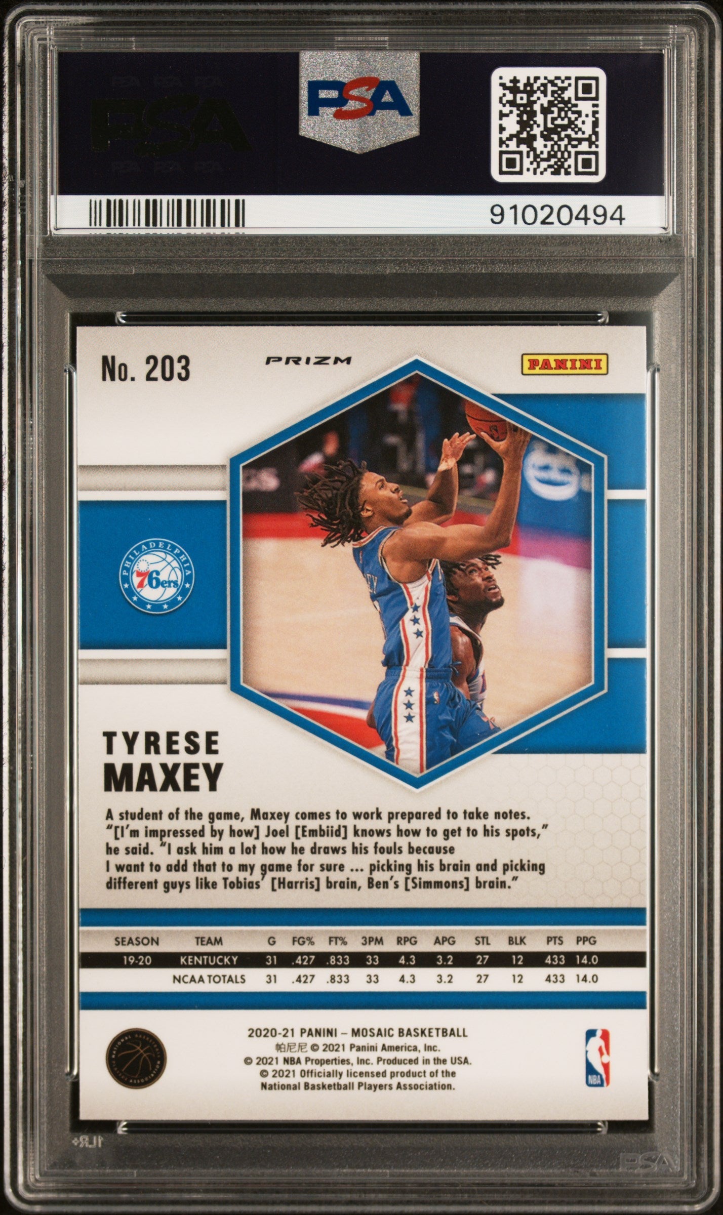 Graded 2020 Panini Mosaic Tyrese Maxey #203 Reactive Orange Rookie RC Basketball Card PSA 10 Gem Mint