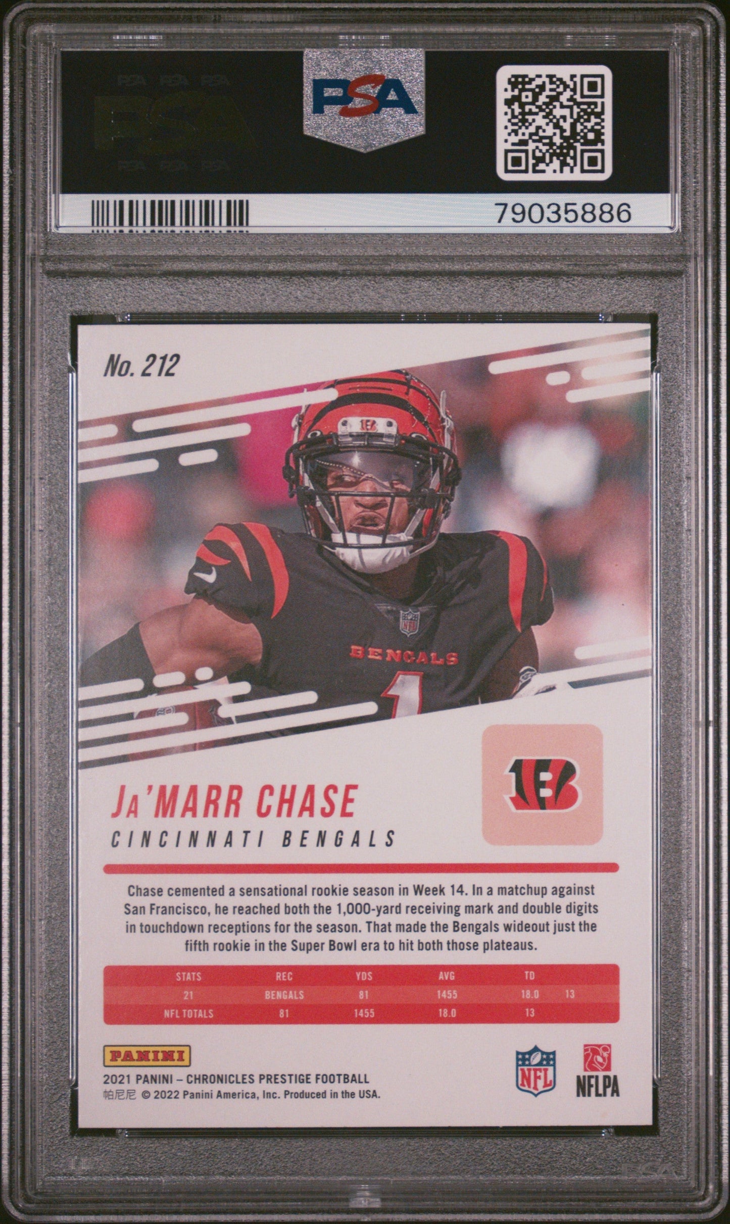 Graded 2021 Panini Chronicles Ja'Marr Chase #212 Prestige Rookie Update Rookie RC Football Card PSA 10 Gem Mint