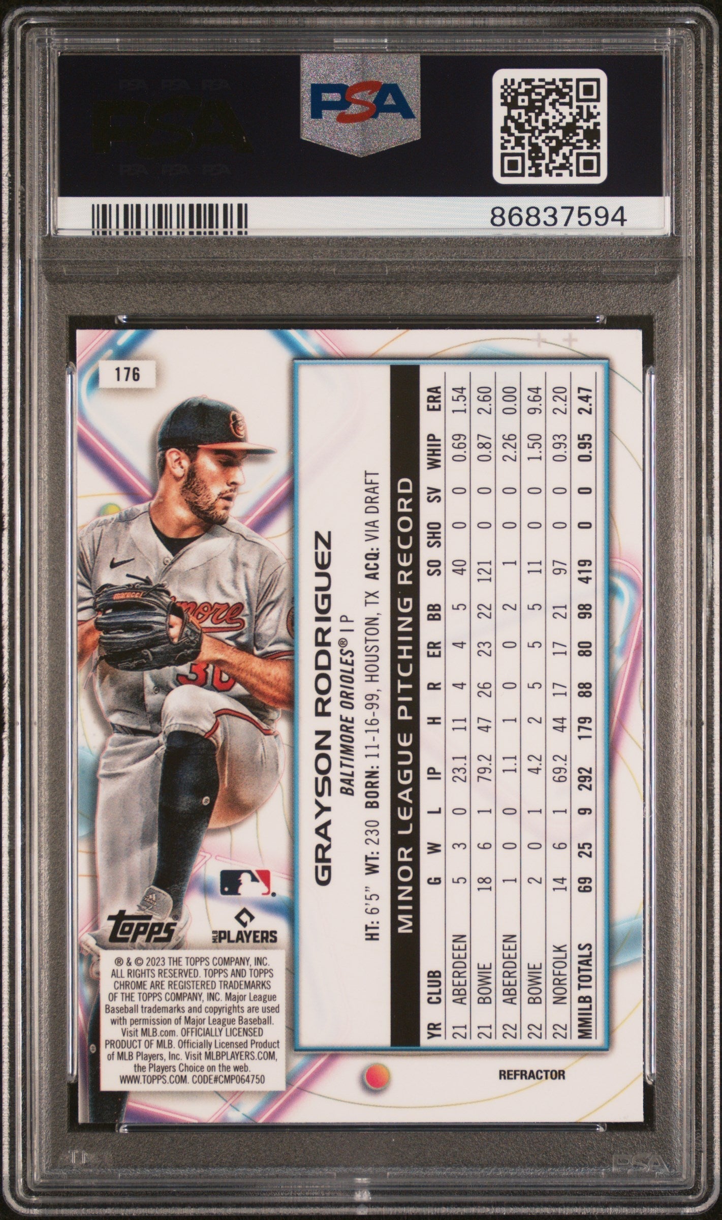 Graded 2023 Topps Cosmic Chrome Grayson Rodriguez #176 Refractor Rookie RC Baseball Card PSA 10 Gem Mint
