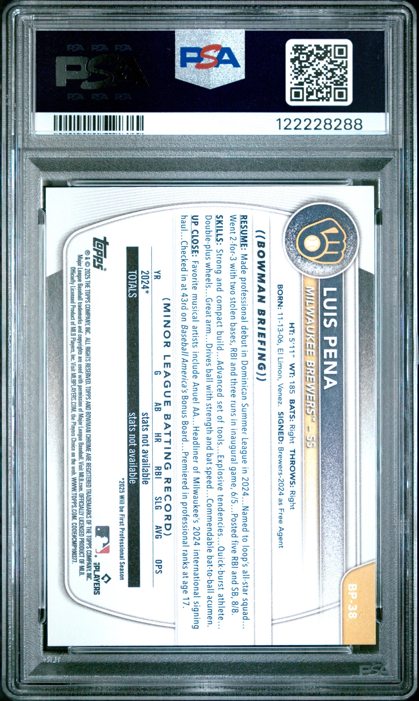 Graded 2025 Topps Bowman Luis Pena #BP38 Paper Prospects Rookie RC Baseball Card PSA 10 Gem Mint