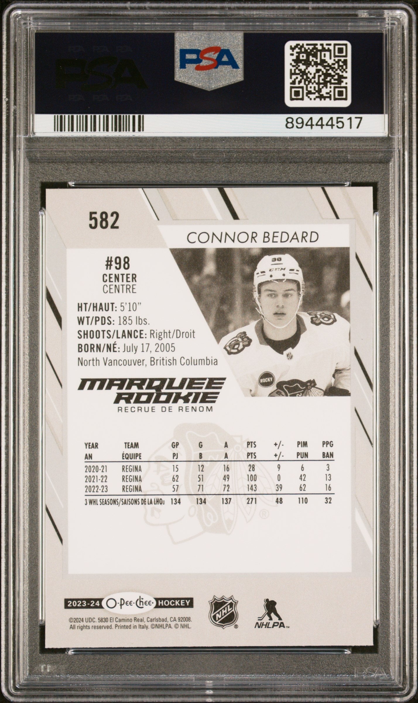 Graded 2023 Upper Deck O-pee-Chee Connor Bedard #582 Rookie RC Hockey Card PSA 10 Gem Mint