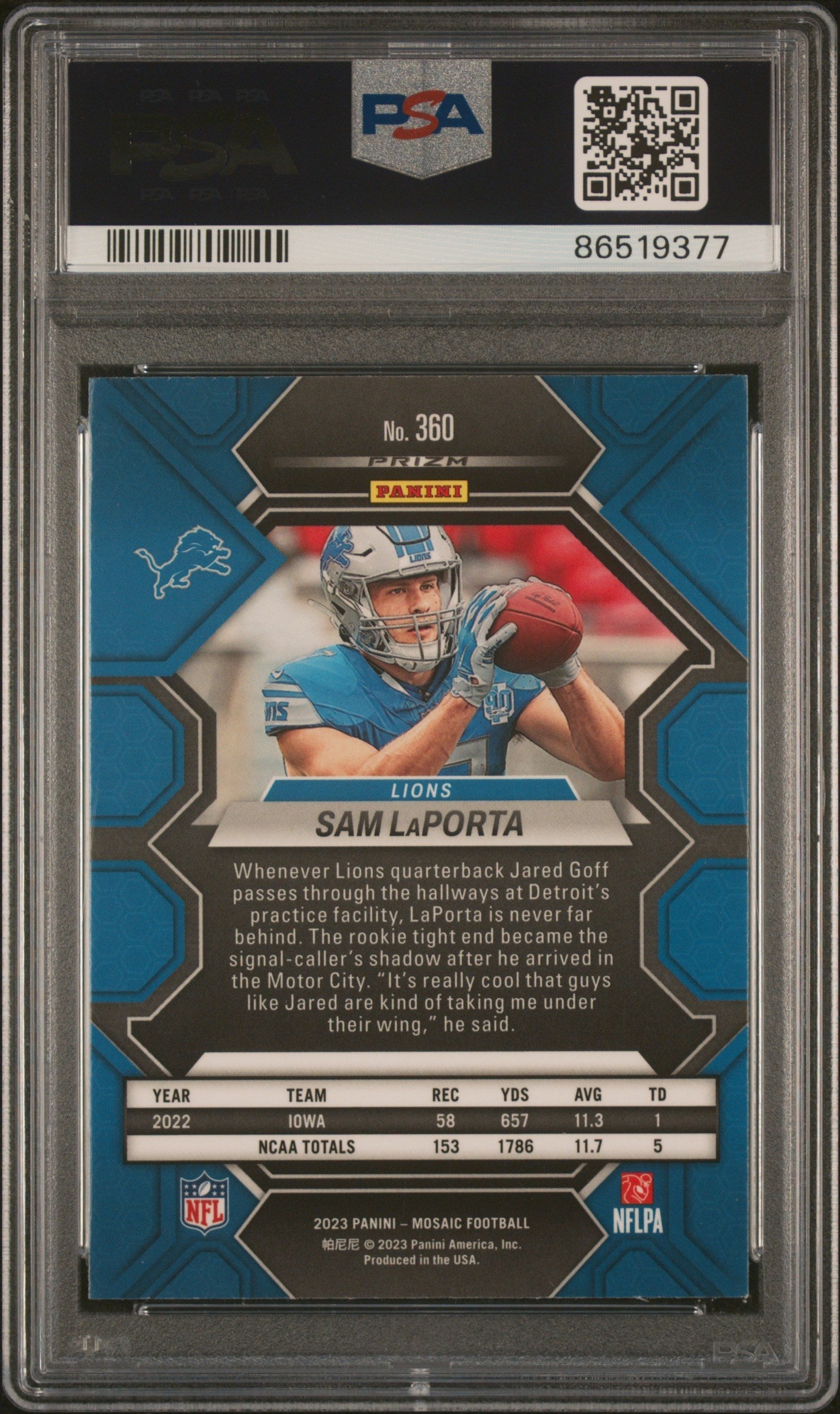 Graded 2023 Panini Mosaic Sam LaPorta #360 Rookie RC Football Card PSA 10 Gem Mint - Sport Cards