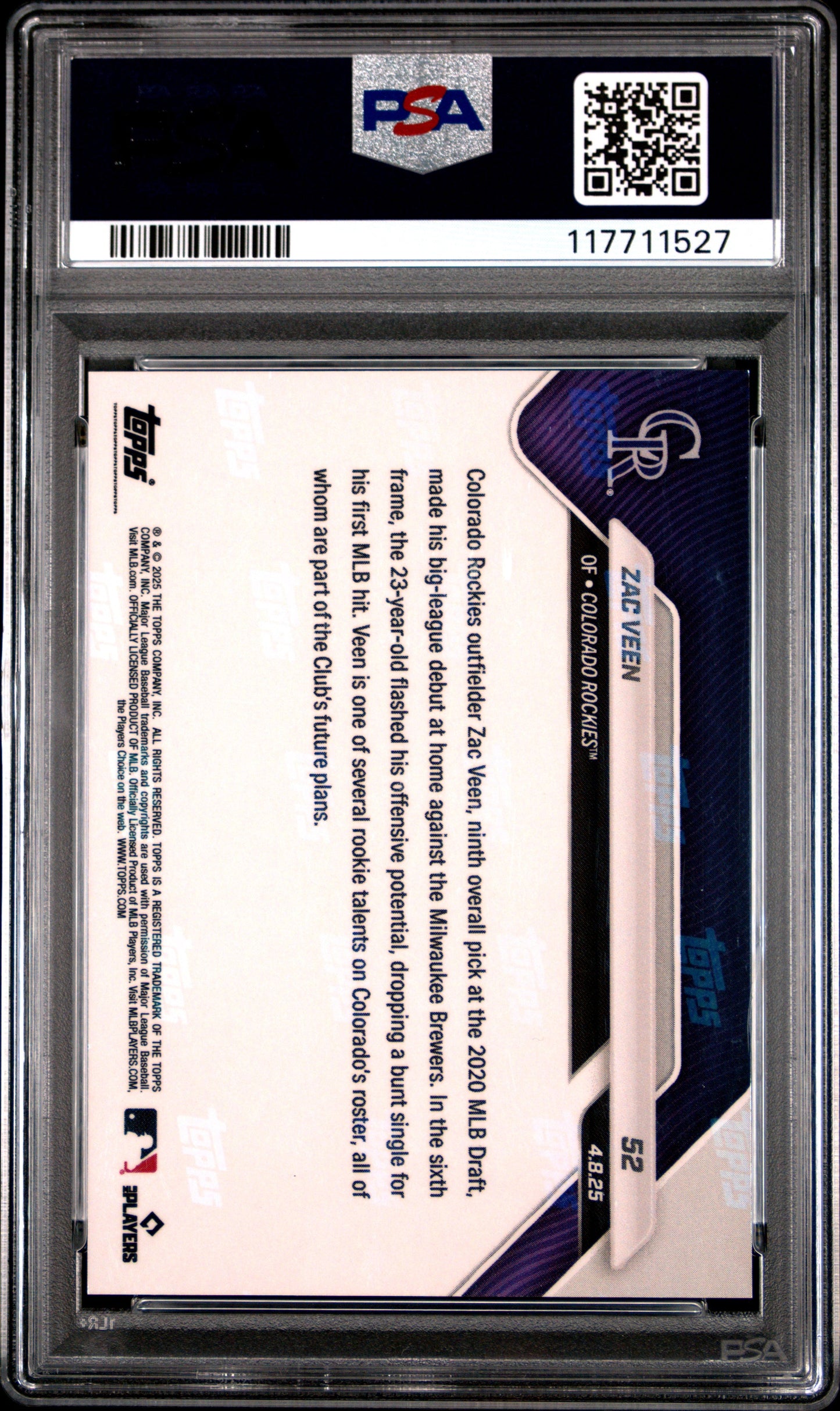 Graded 2025 Topps Now Zac Veen #52 Gold Foil /50 Rookie RC Baseball Card PSA 9 Mint