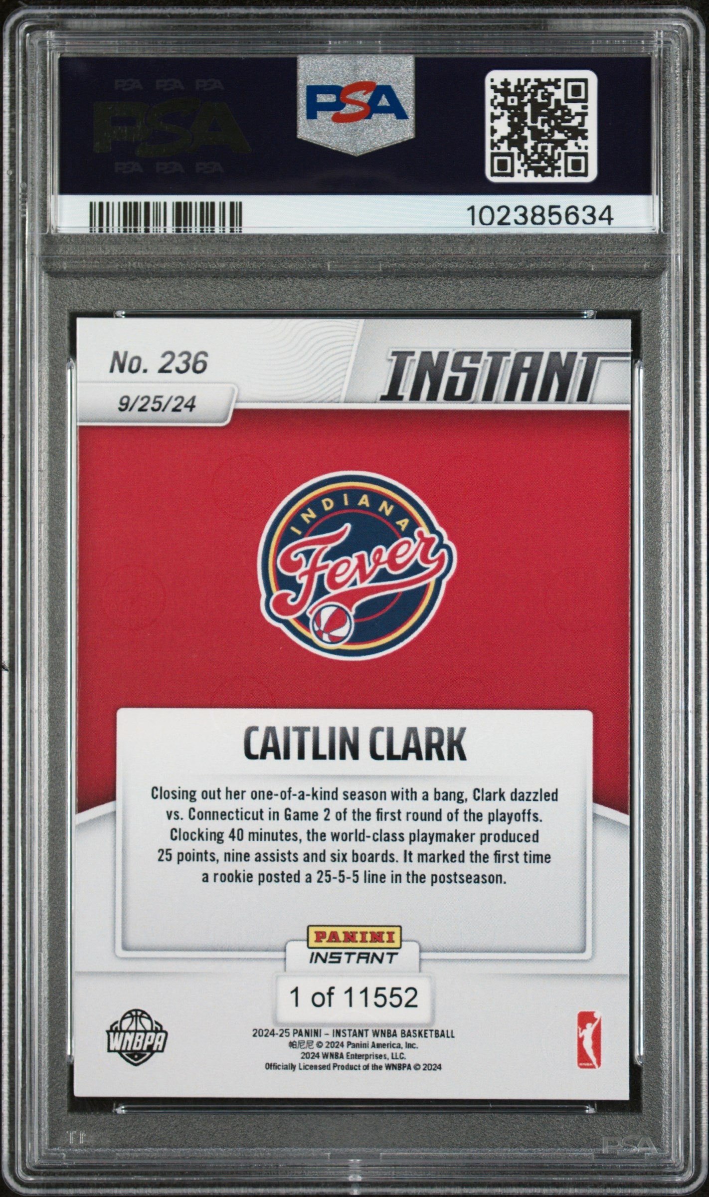 Graded 2024 Panini Instant WNBA Caitlin Clark #236 Rookie RC Basketball Card PSA 10 Gem Mint