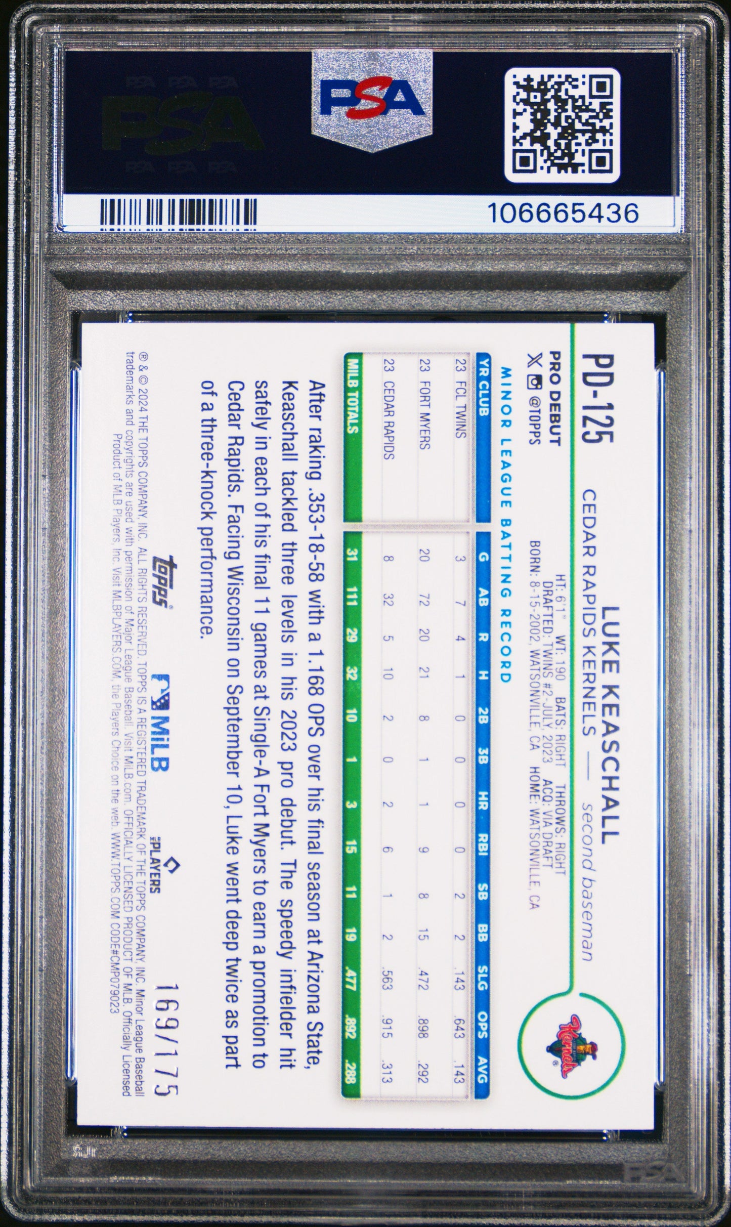 Graded 2024 Topps Pro Debut Luke Keaschall #PD125 Sparkle Foil /175 Rookie RC Baseball Card PSA 10 Gem Mint