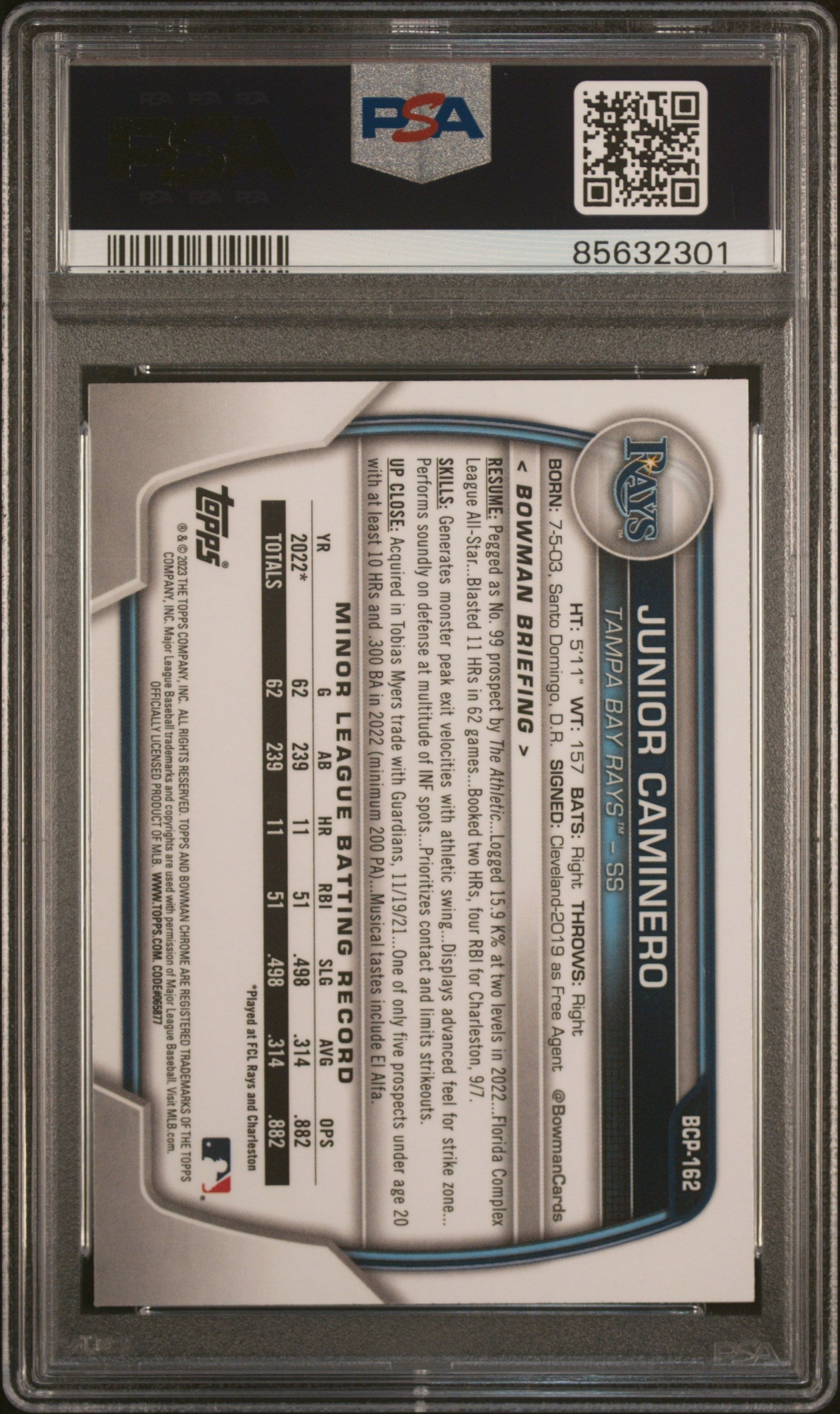 Graded 2023 Topps Bowman Chrome Junior Caminero #BCP162 Prospects Shimmer Rookie RC Baseball Card PSA 10 Gem Mint