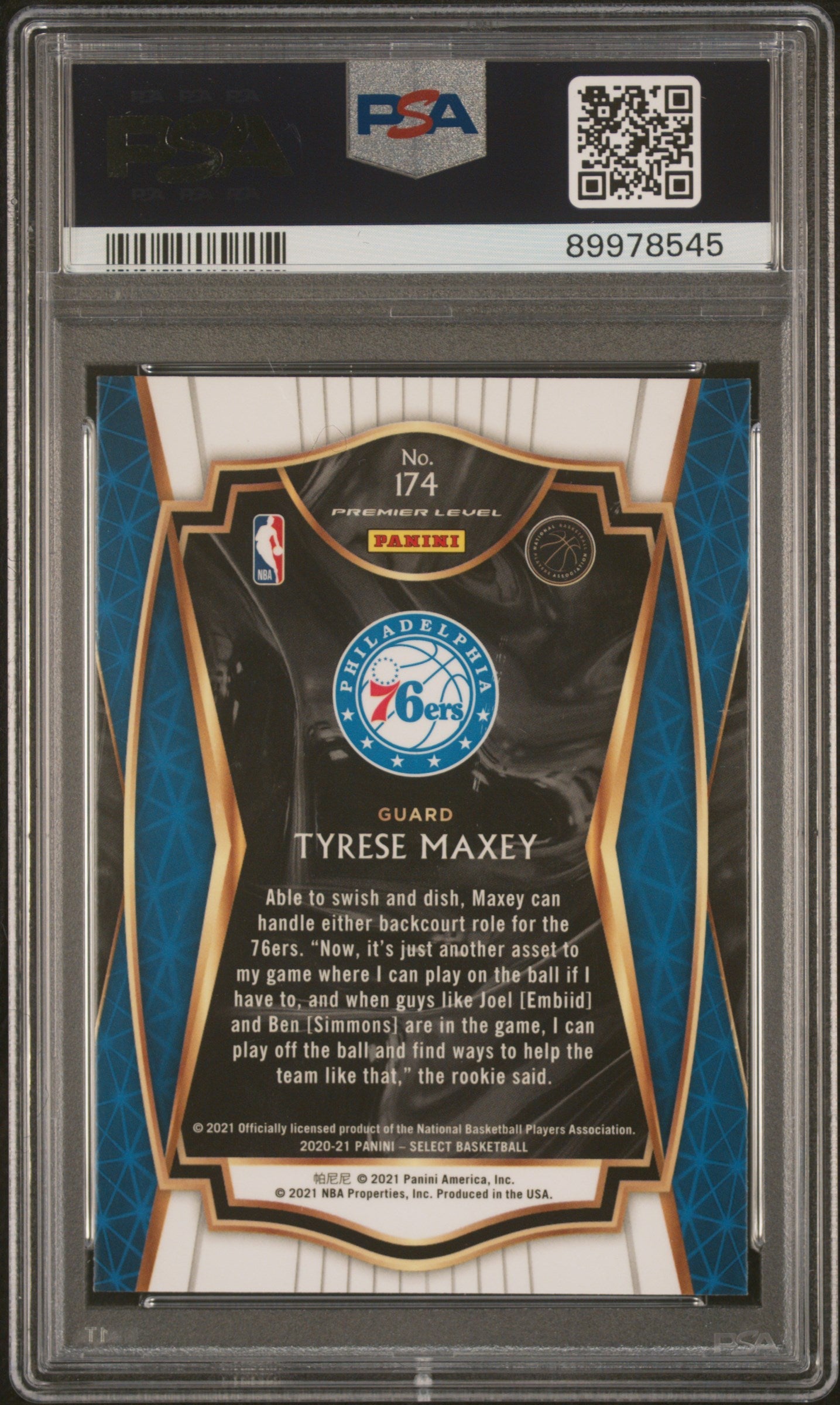 Graded 2020 Panini Select Tyrese Maxey #174 Blue Retail Rookie RC Basketball Card PSA 10 Gem Mint - Sport Cards