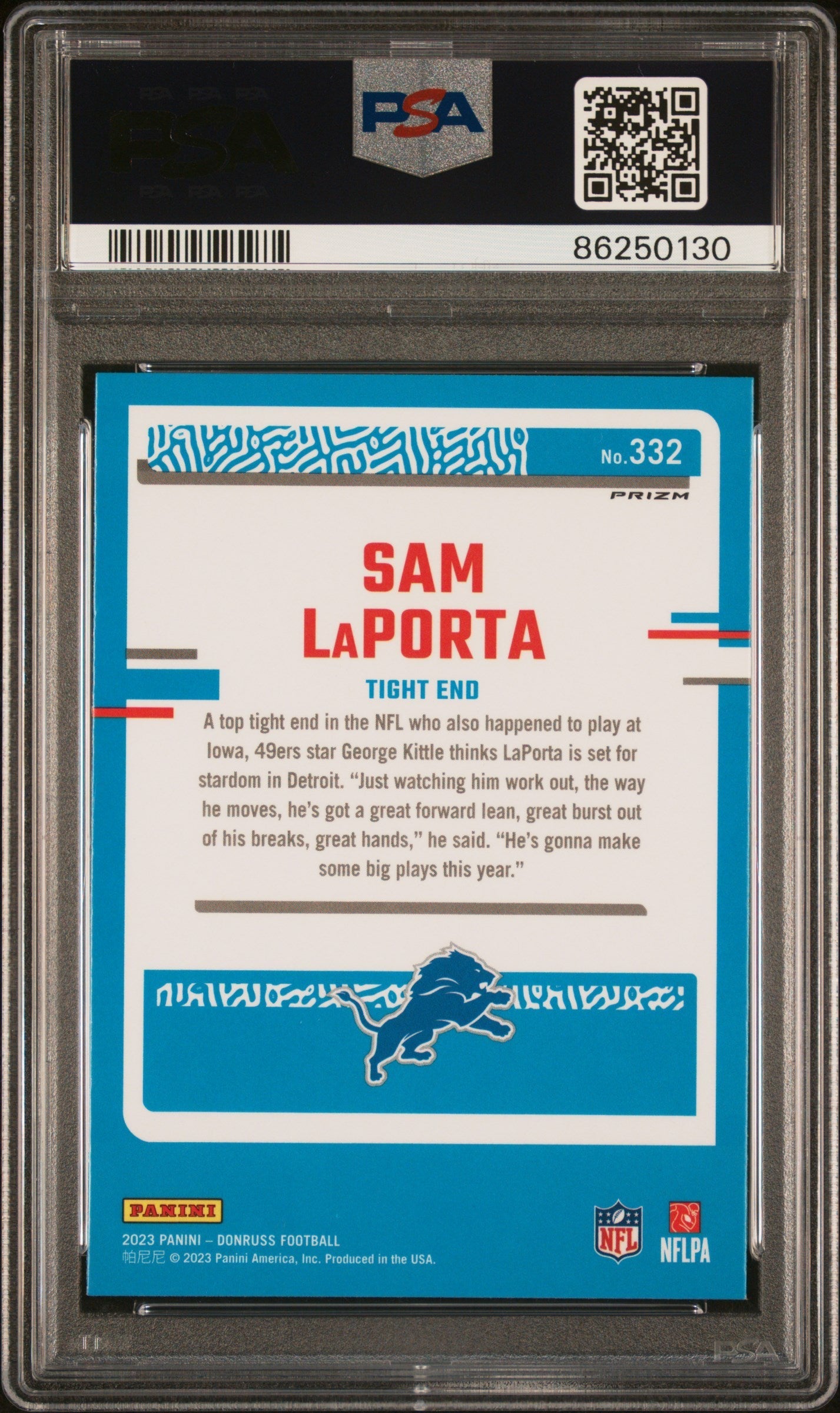 Graded 2023 Panini Donruss Sam LaPorta #332 Optic Preview Blue Scope Rookie RC Football Card PSA 10 Gem Mint