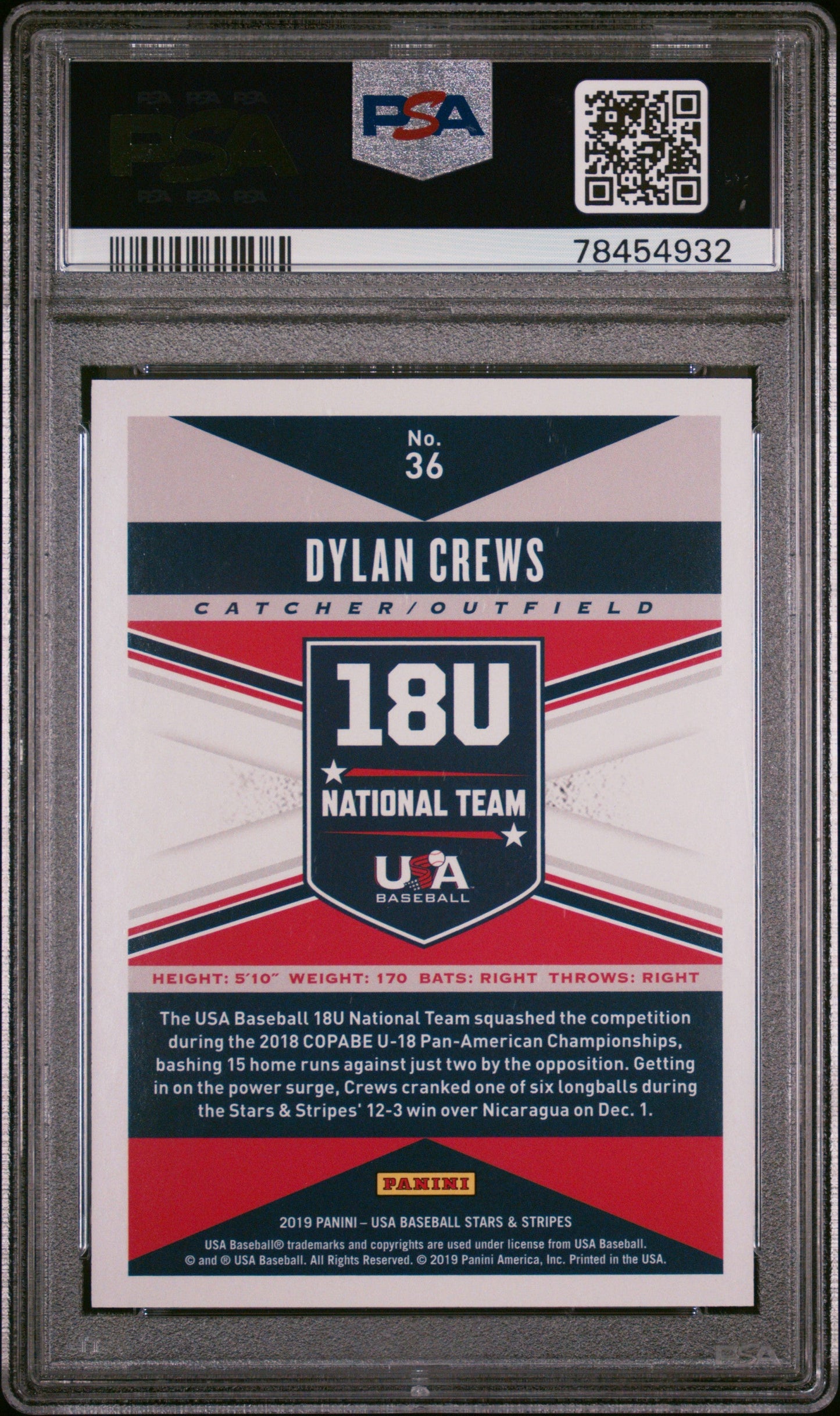 Graded 2019 Panini Stars & Stripes USA Dylan Crews #36 Rookie RC Baseball Card PSA 10 Gem Mint