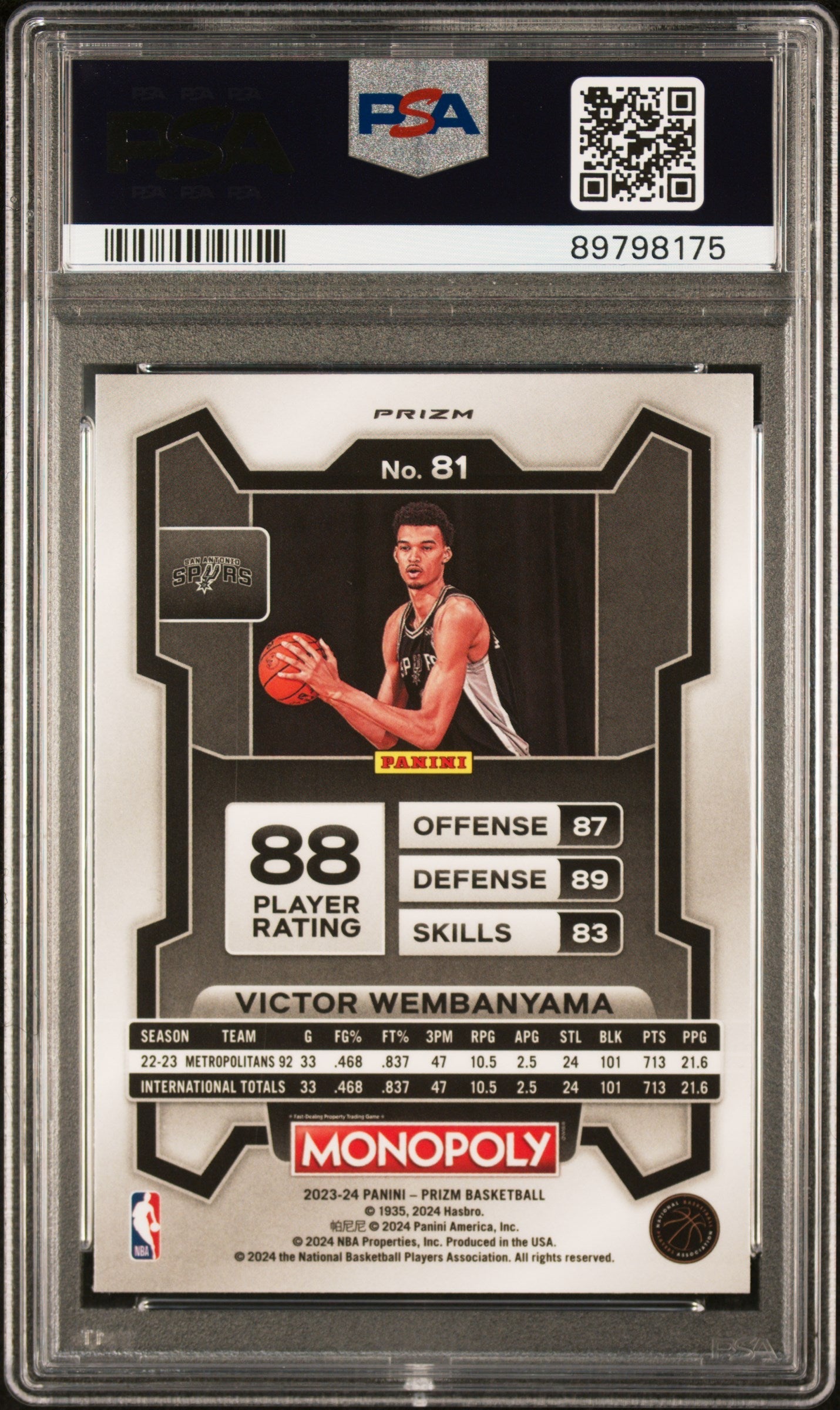 Graded 2023 Panini Prizm Monopoly Victor Wembanyama #81 Purple Rookie RC Basketball Card PSA 10 Gem Mint