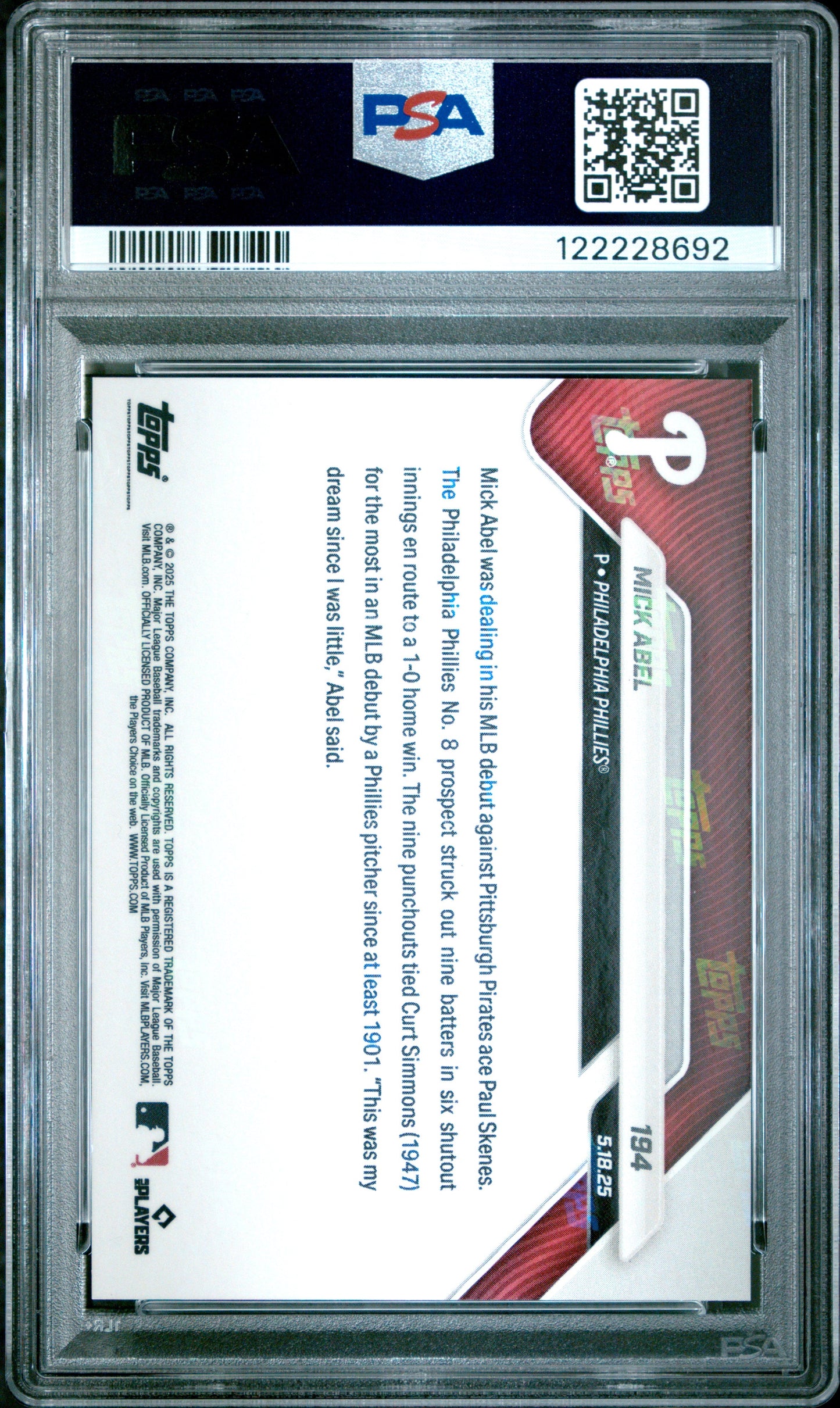 Graded 2025 Topps Now Mick Abel #194 Orange Foil /25 Rookie Baseball Card PSA 9 Mint