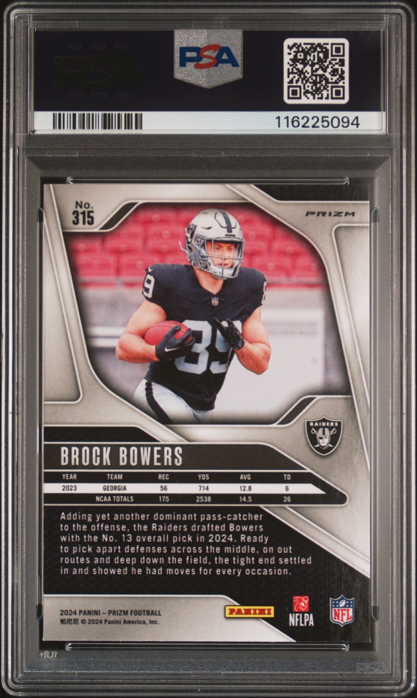 Graded 2024 Panini Prizm Brock Bowers #315 Neon Green Pulsar Rookie RC Football Card PSA 10 Gem Mint