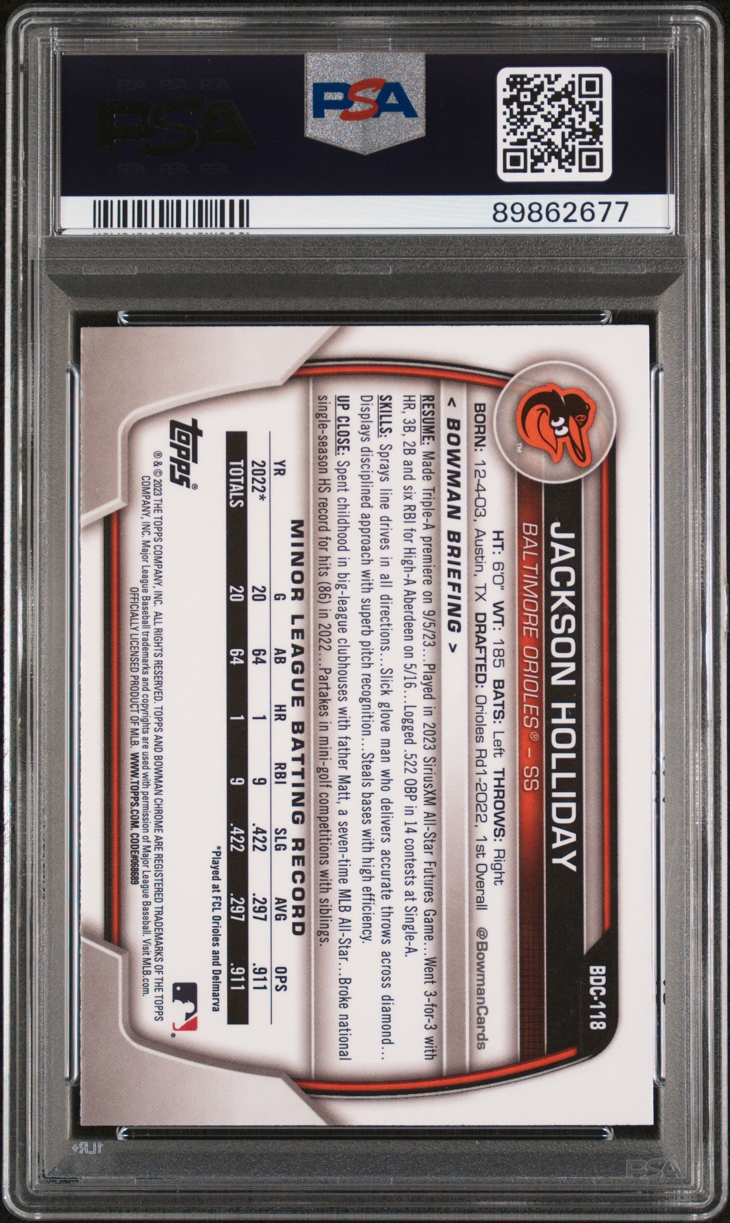 Graded 2023 Topps Bowman Draft Jackson Holliday #BDC118 Chrome Lunar Glow Rookie RC Baseball Card PSA 10 Gem Mint