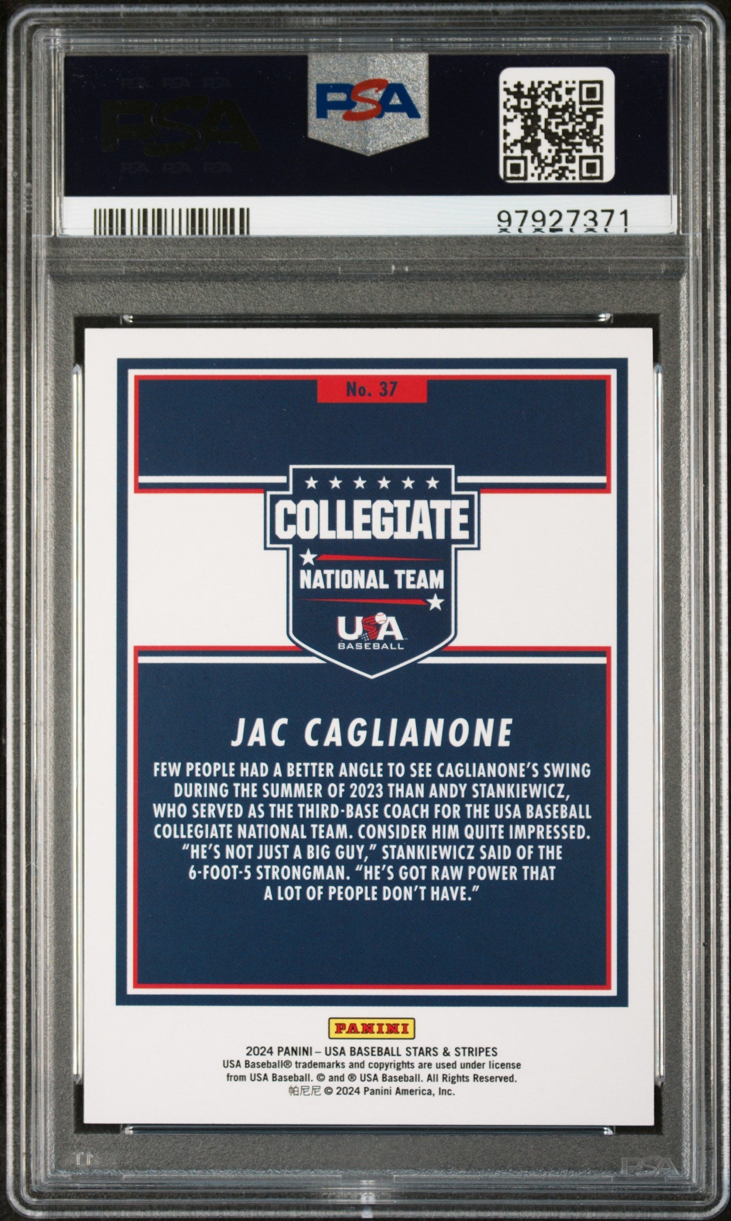 Graded 2024 Panini Stars & Stripes USA Jac Caglianone #37 Rookie RC Baseball Card PSA 10 Gem Mint