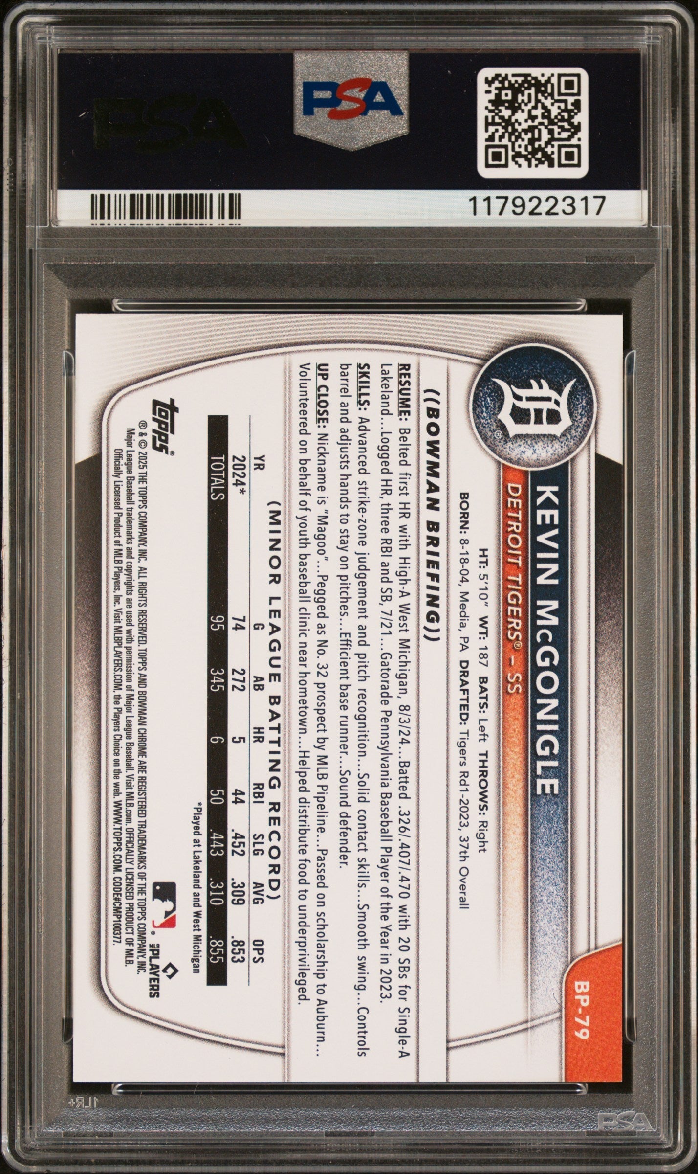 Graded 2025 Topps Bowman Kevin McGonigle #BP79 Paper Prospects Rookie RC Baseball Card PSA 10 Gem Mint - Sport Cards