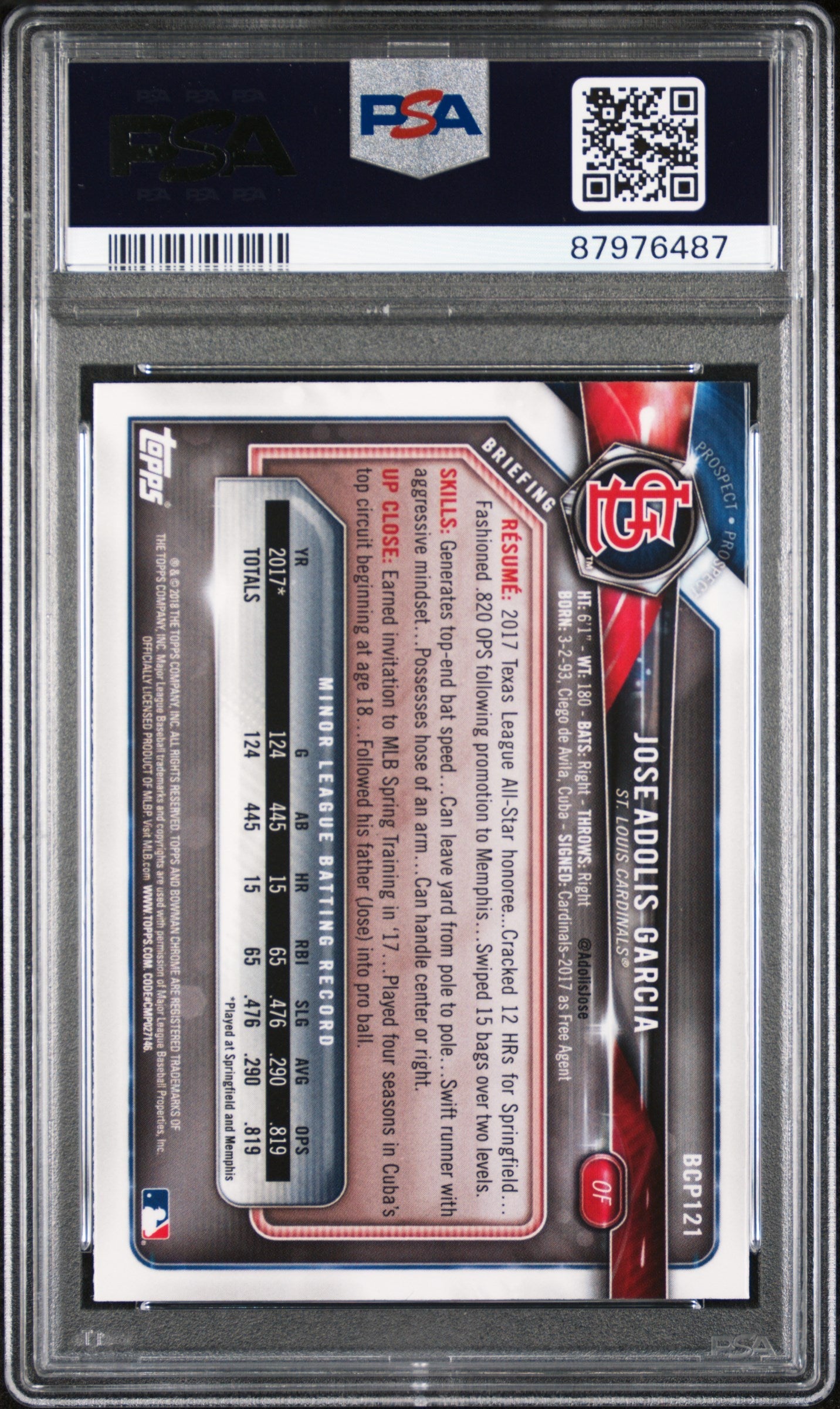 Graded 2018 Topps Bowman Adolis Garcia #121 Prospects Chrome Rookie RC Baseball Card PSA 10 Gem Mint