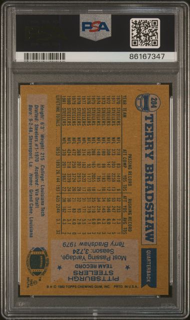 Graded 1982 Topps Terry Bradshaw #204 Football Card PSA 9 Mint