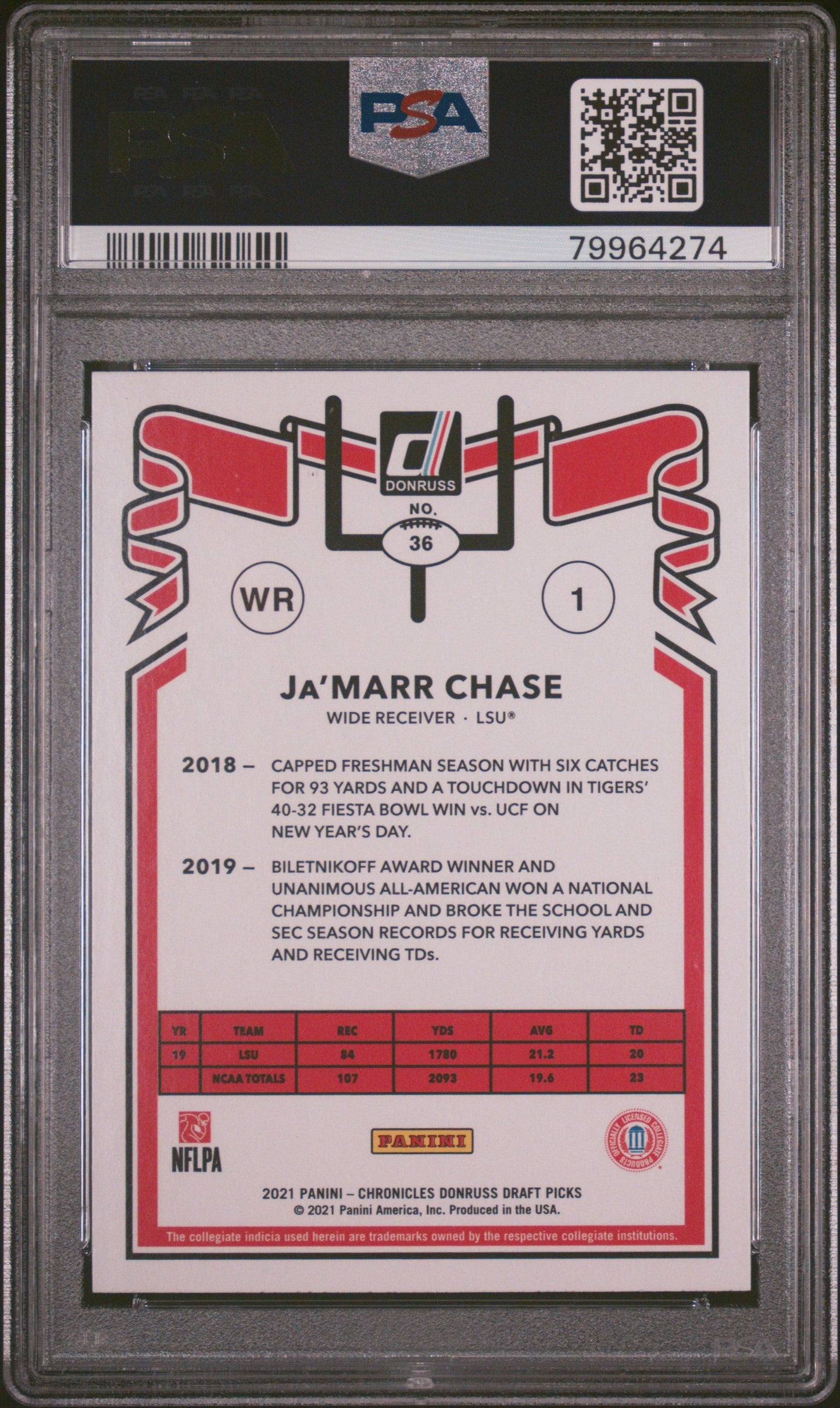 Graded 2021 Panini Chronicles Draft Picks Ja'Marr Chase #36 Rookie RC Football Card PSA 10 Gem Mint