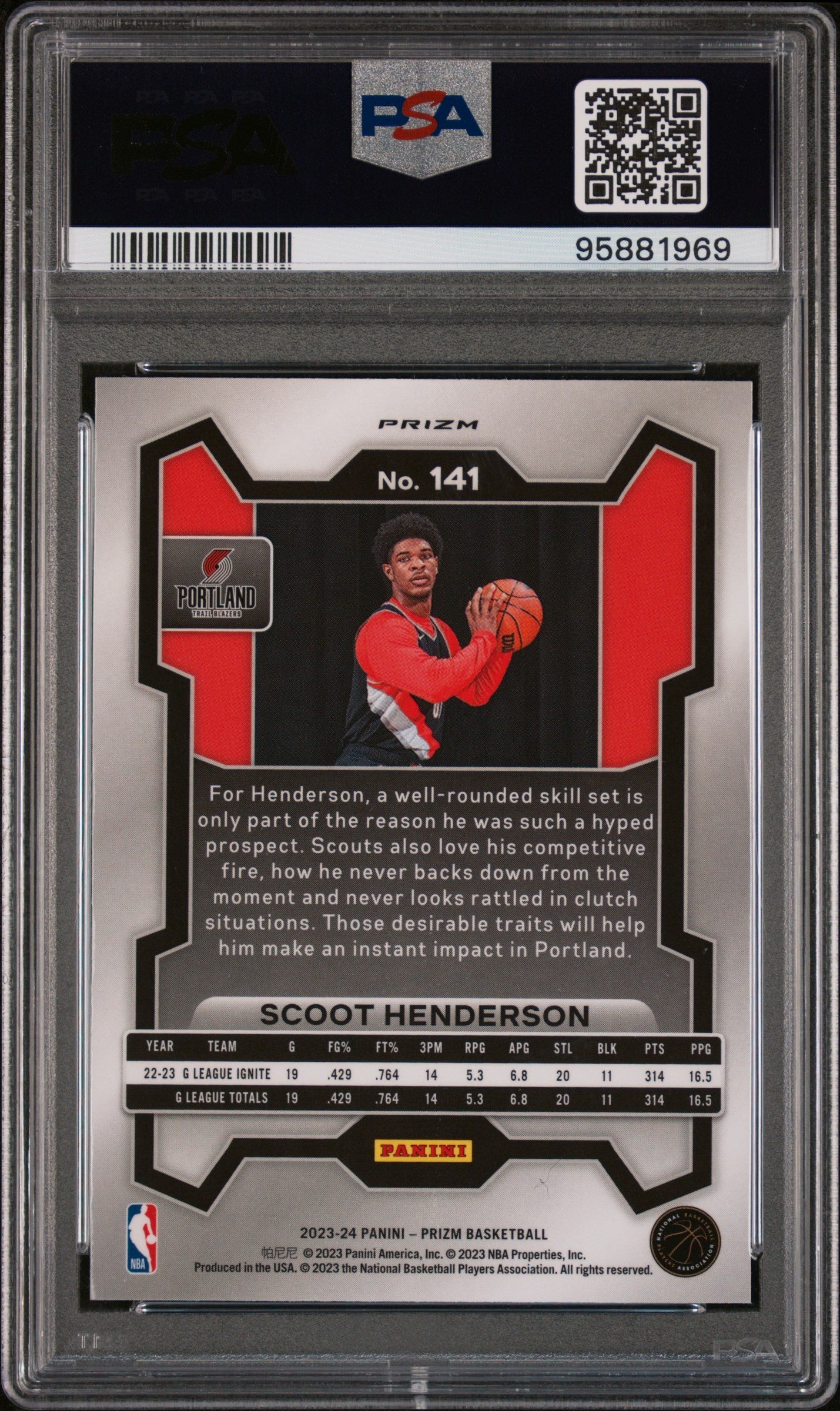 Graded 2023 Panini Prizm Scoot Henderson #141 Pink Ice Rookie RC Basketball Card PSA 10 Gem Mint