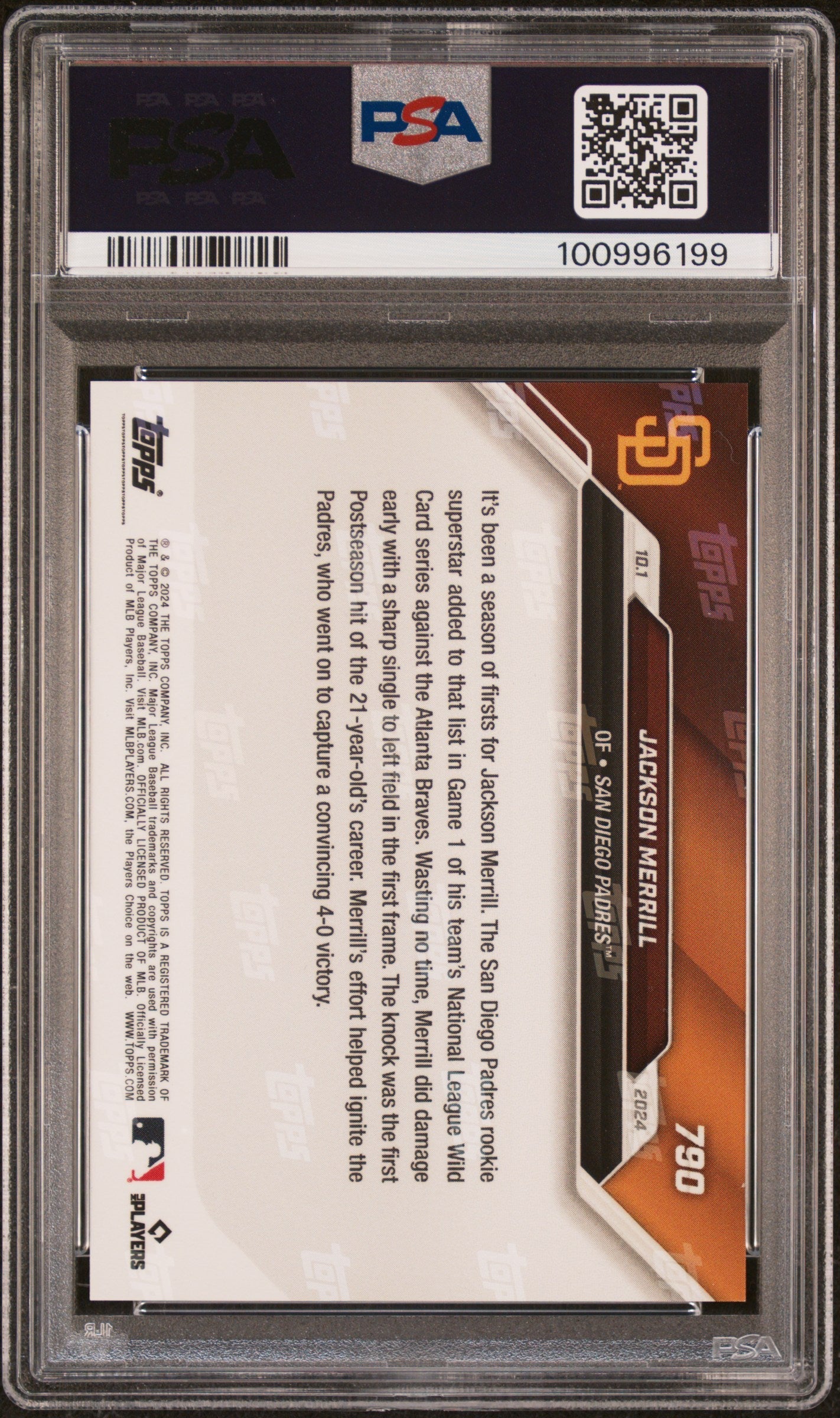 Graded 2024 Topps Now Jackson Merrill #790 Rookie RC Baseball Card PSA 10 Gem Mint