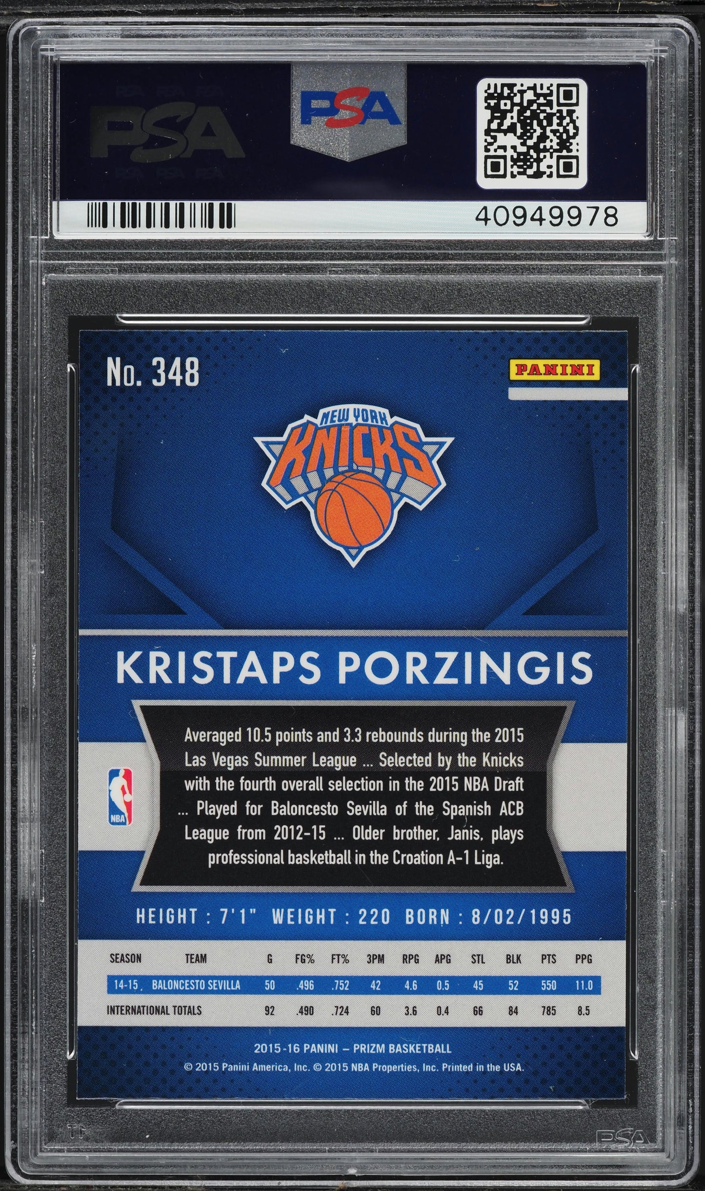 Graded 2015 Panini Prizm Kristaps Porzingis #348 Rookie RC Basketball Card PSA 10 Gem Mint - Sport Cards