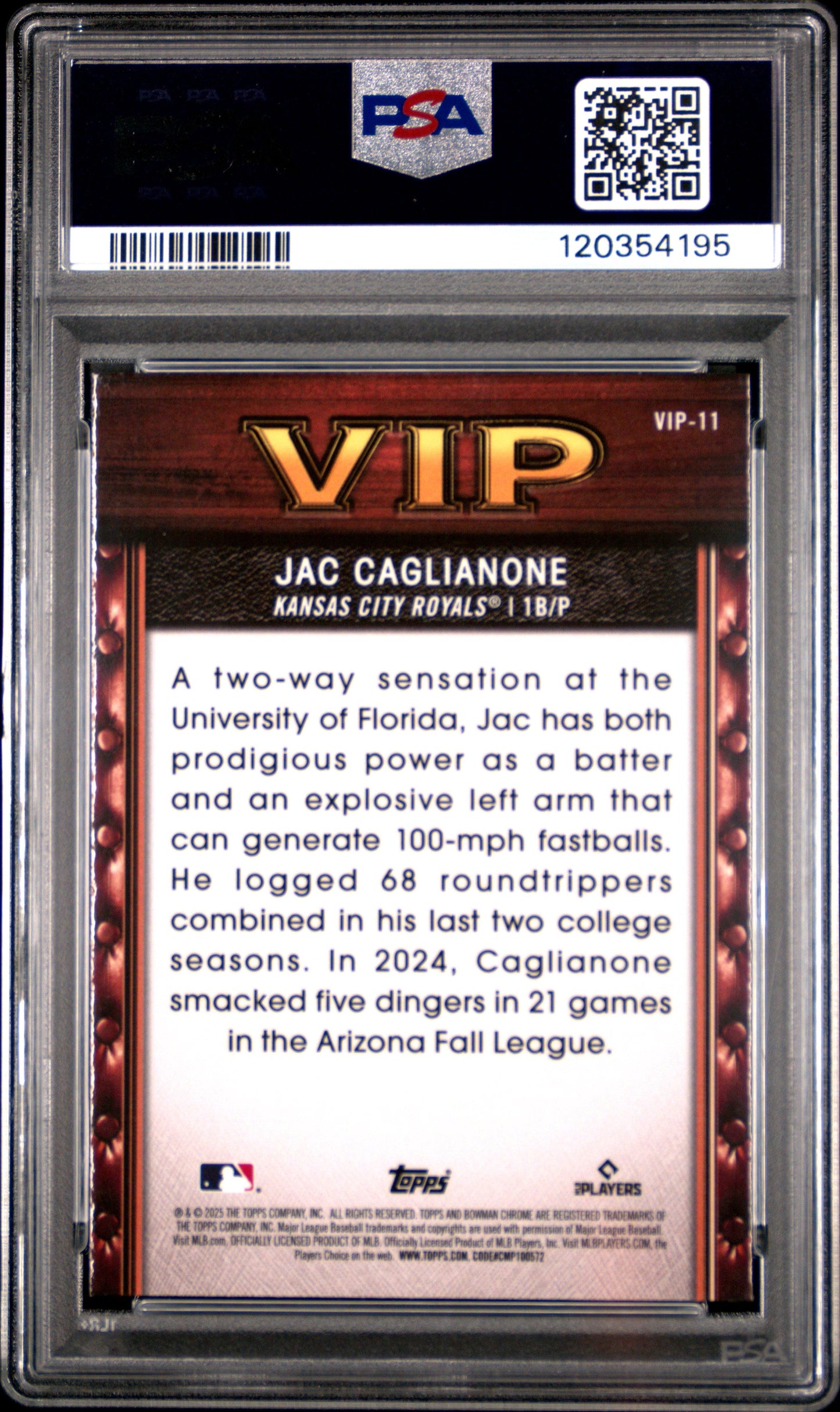Graded 2025 Topps Bowman Jac Caglianone #VIP11 Very Important Prospects Rookie RC Baseball Card PSA 10 Gem Mint - Sport Cards