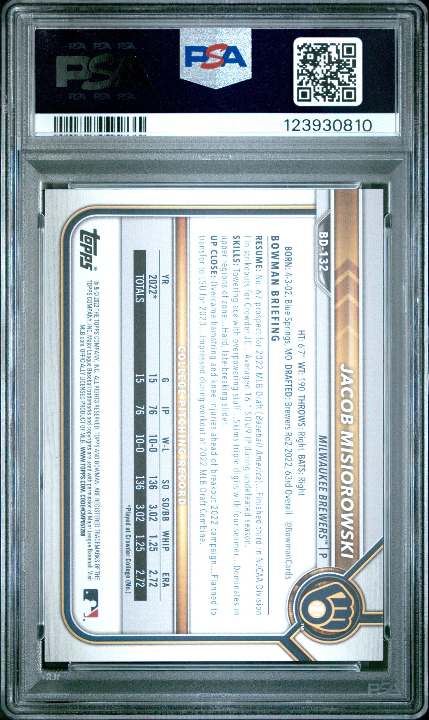 Graded 2022 Topps Bowman Draft Jacob Misiorowski #BD132 Rookie RC Baseball Card PSA 10 Gem Mint