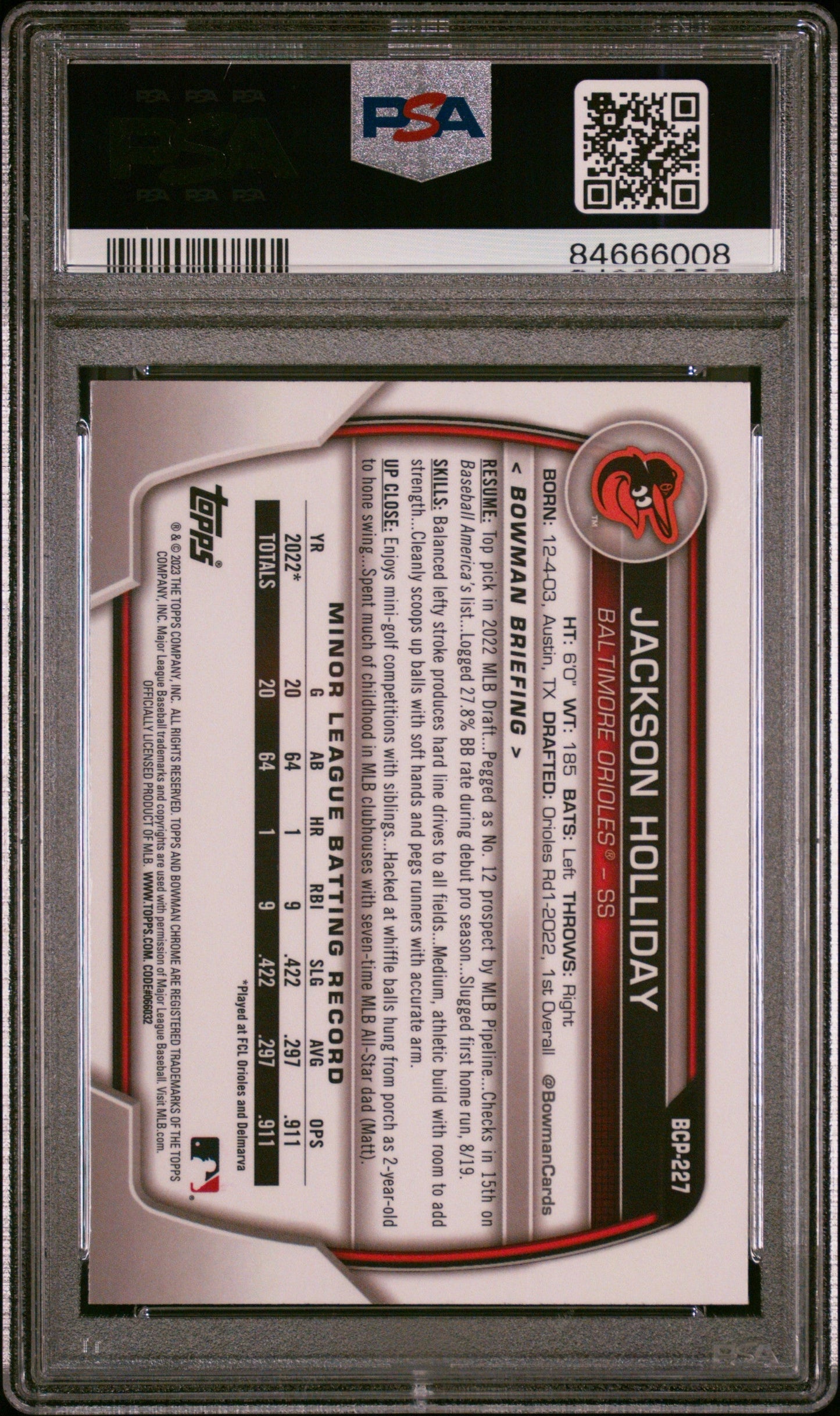 Graded 2023 Topps Bowman Chrome M/B Jackson Holliday #227 Rookie RC Baseball Card PSA 10 Gem Mint