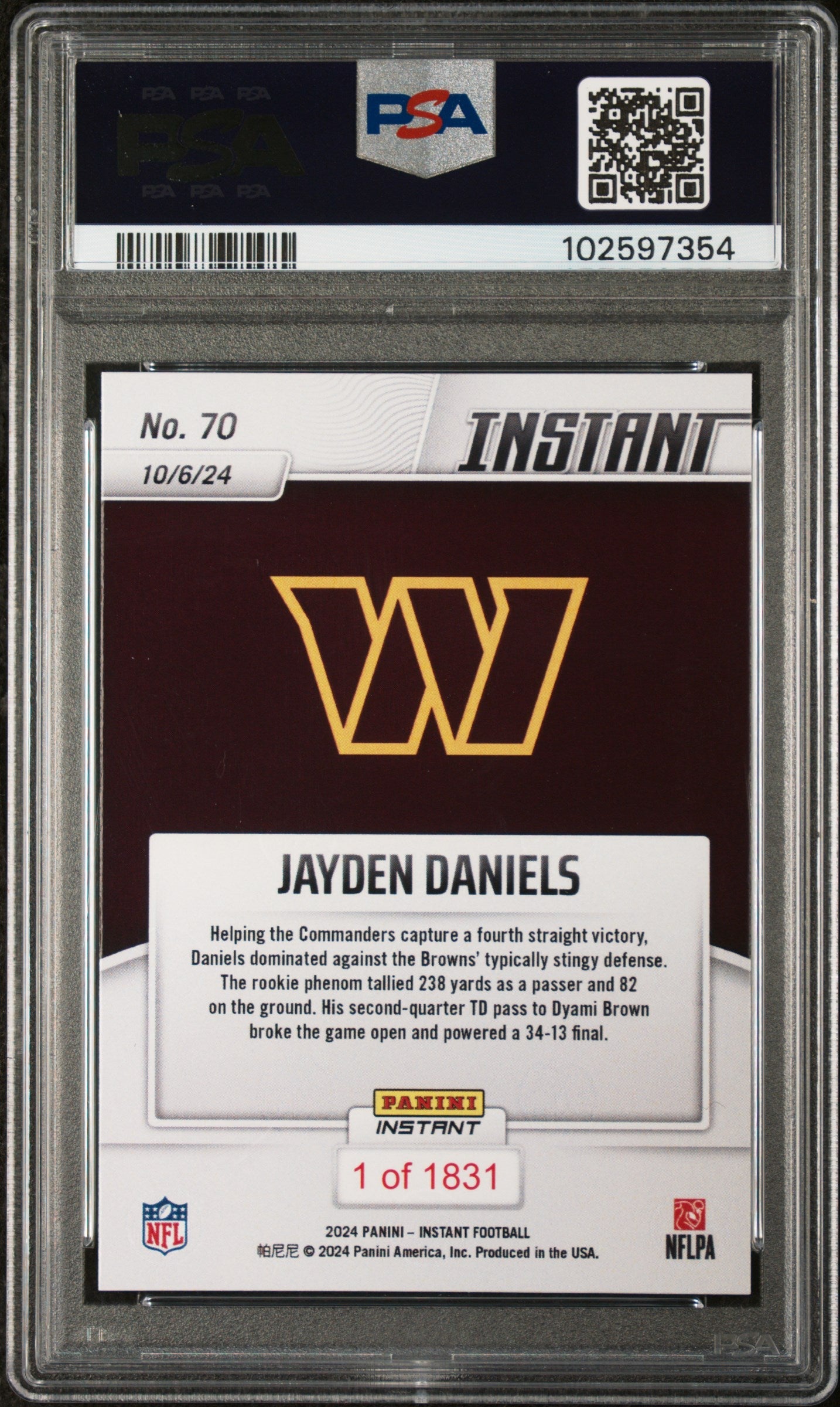 Graded 2024 Panini Instant NFL Jayden Daniels #70 Rookie RC Football Card PSA 10 Gem Mint