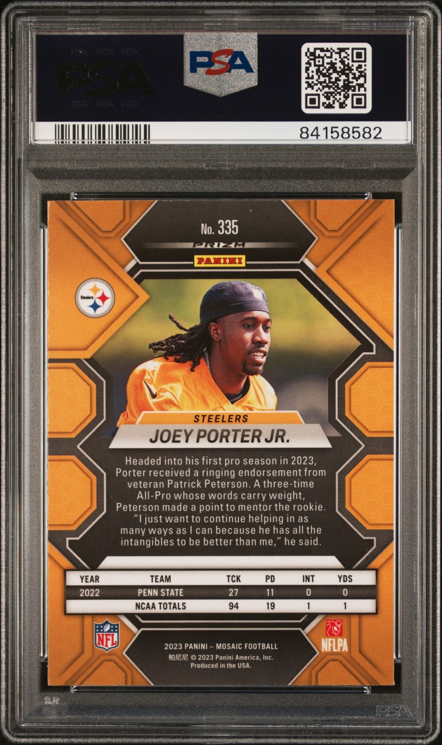 Graded 2023 Panini Mosaic Joey Porter Jr #335 Reactive Yellow Rookie RC Football Card PSA 10 Gem Mint