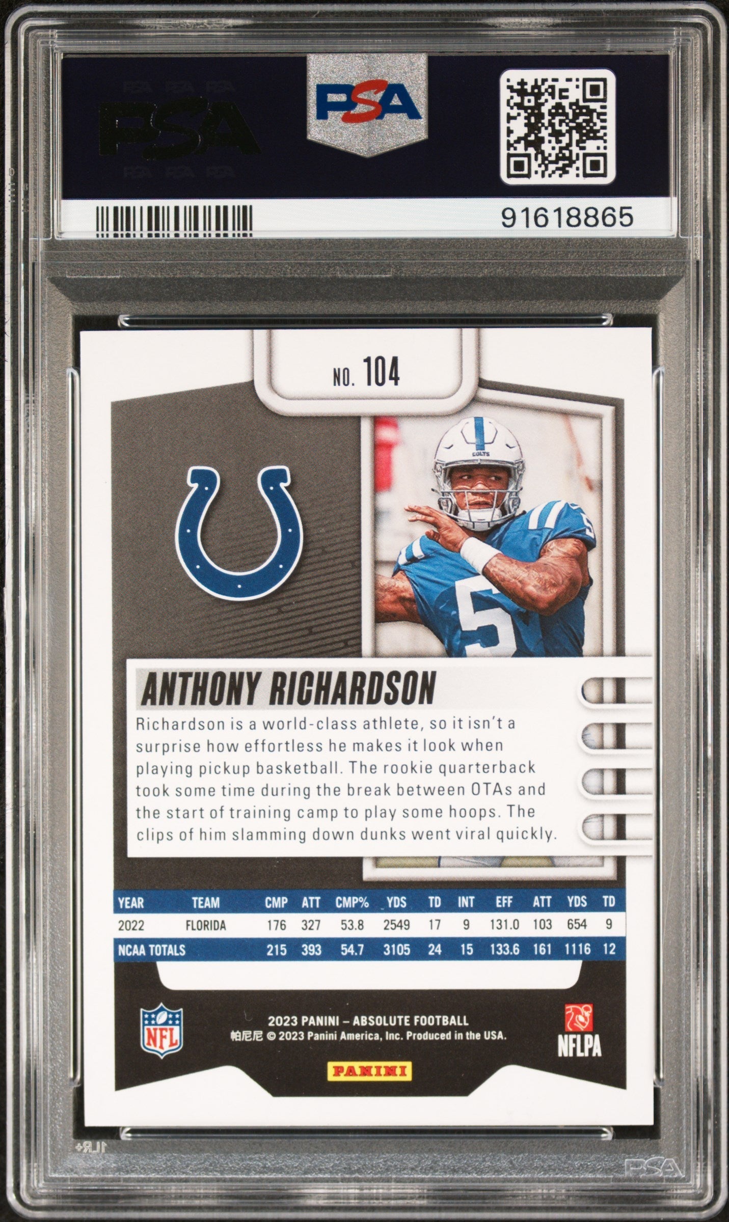 Graded 2023 Panini Absolute Anthony Richardson #104 Black Rookie RC Football Card PSA 10 Gem Mint