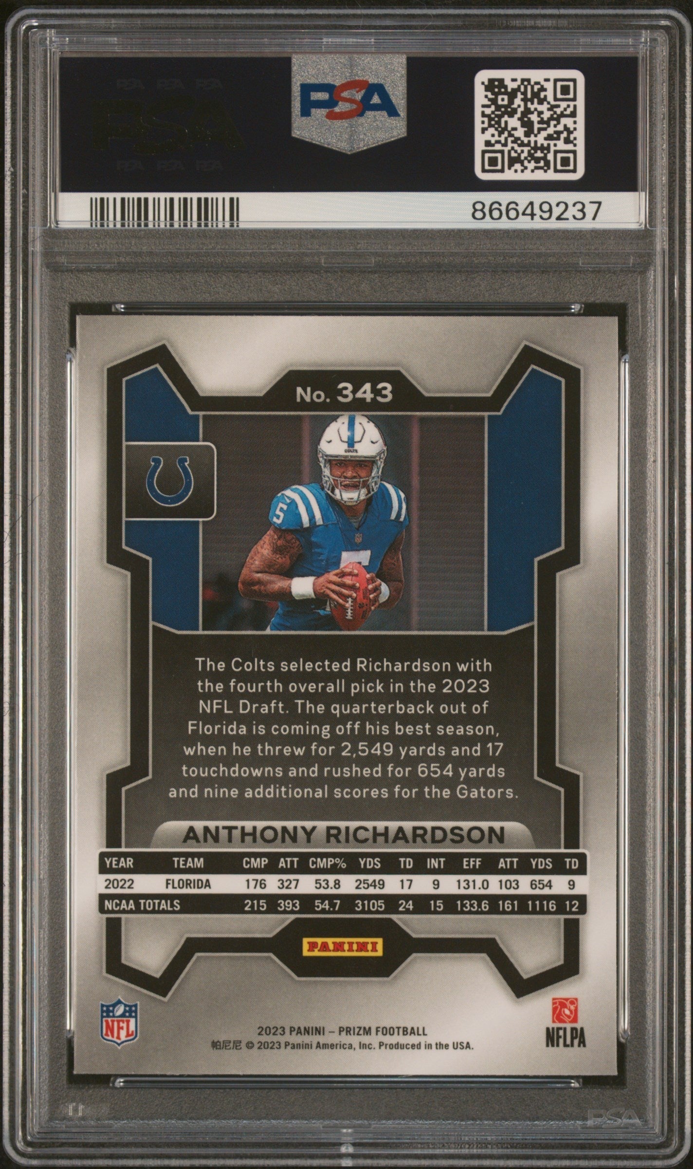 Graded 2023 Panini Prizm Anthony Richardson #343 Rookie RC Football Card PSA 10 Gem Mint