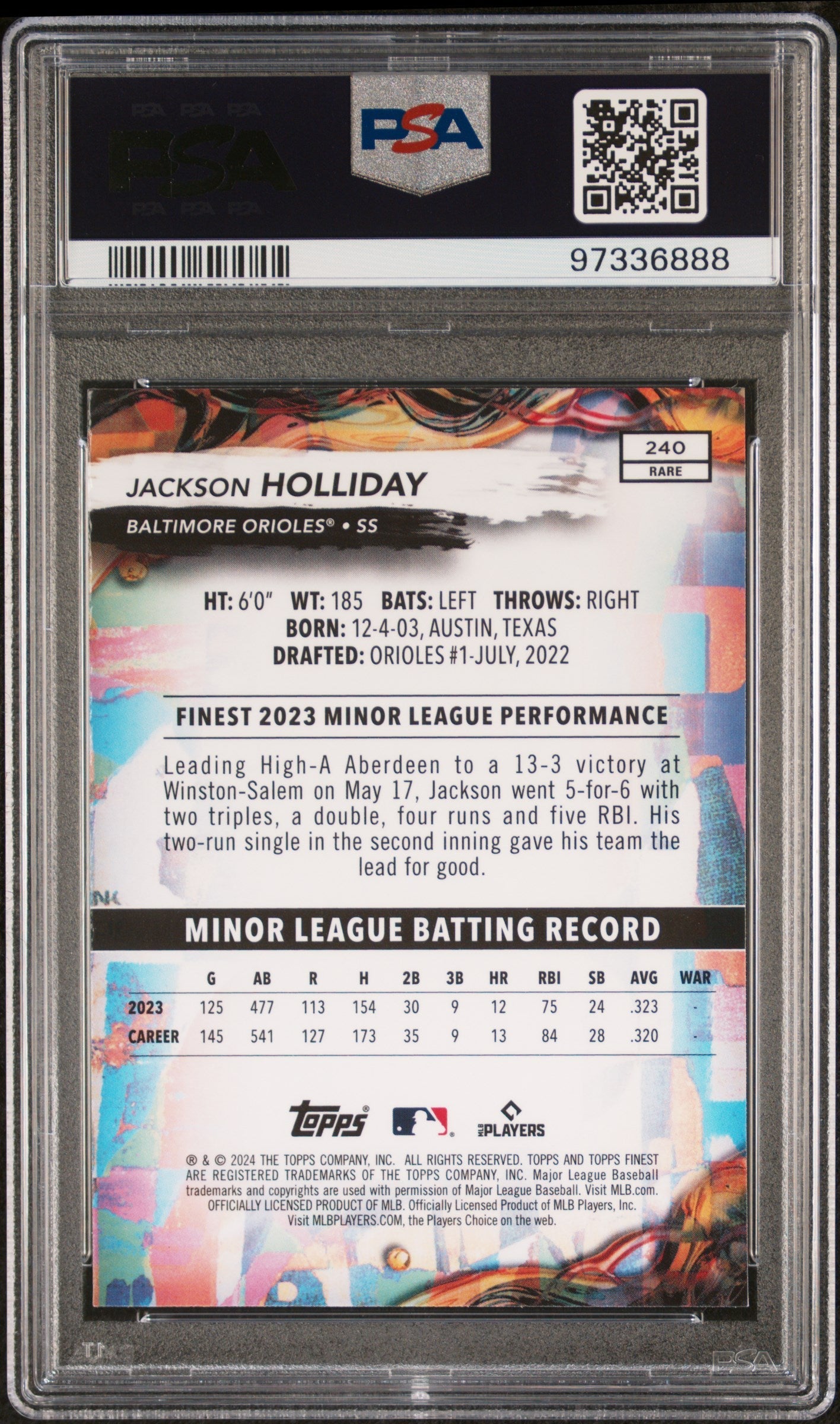 Graded 2024 Topps Finest Jackson Holliday #240 Rookie RC Baseball Card PSA 10 Gem Mint