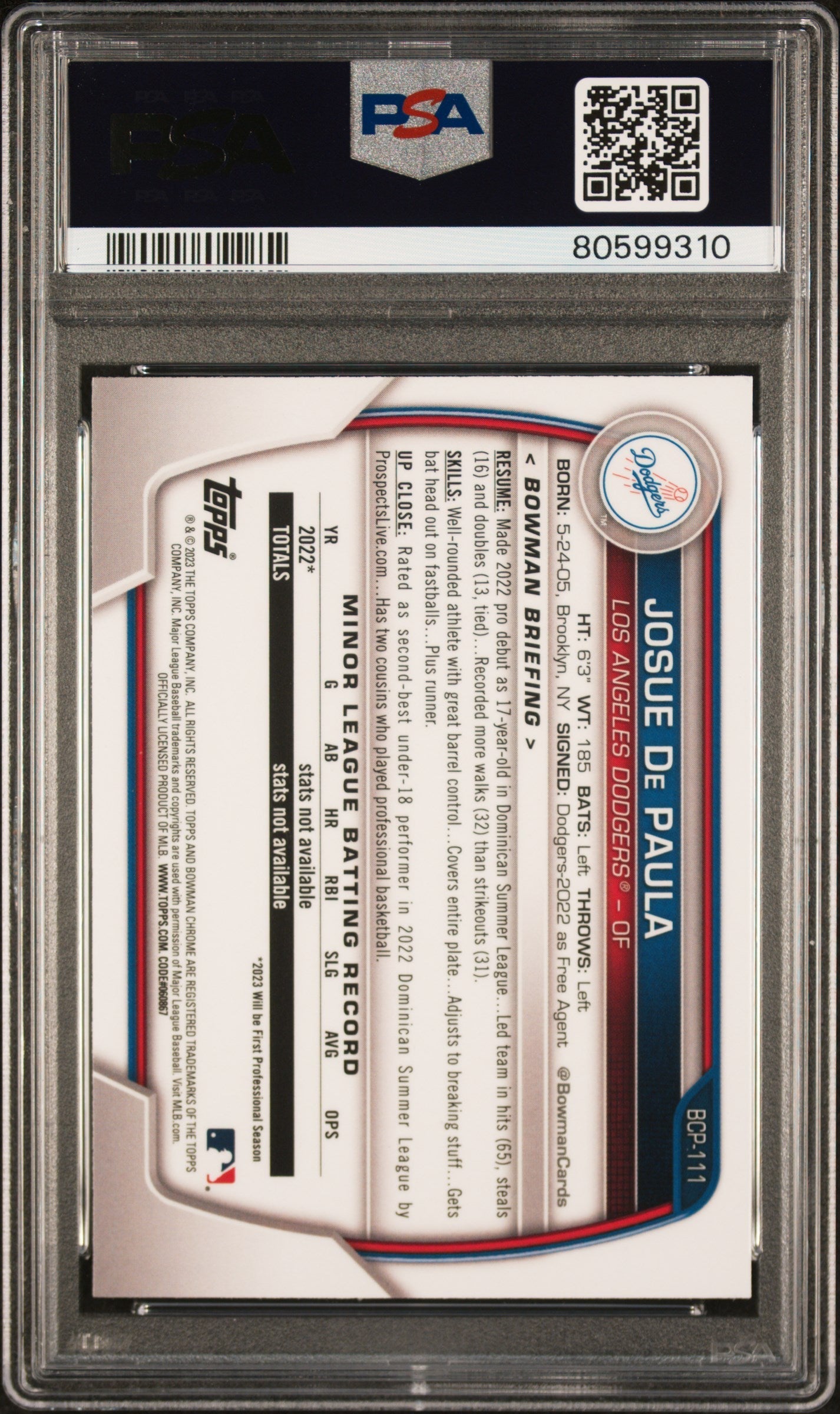Graded 2023 Topps Bowman Chrome Mega Box Josue De Paula #BCP111 Rookie RC Baseball Card PSA 10 Gem Mint