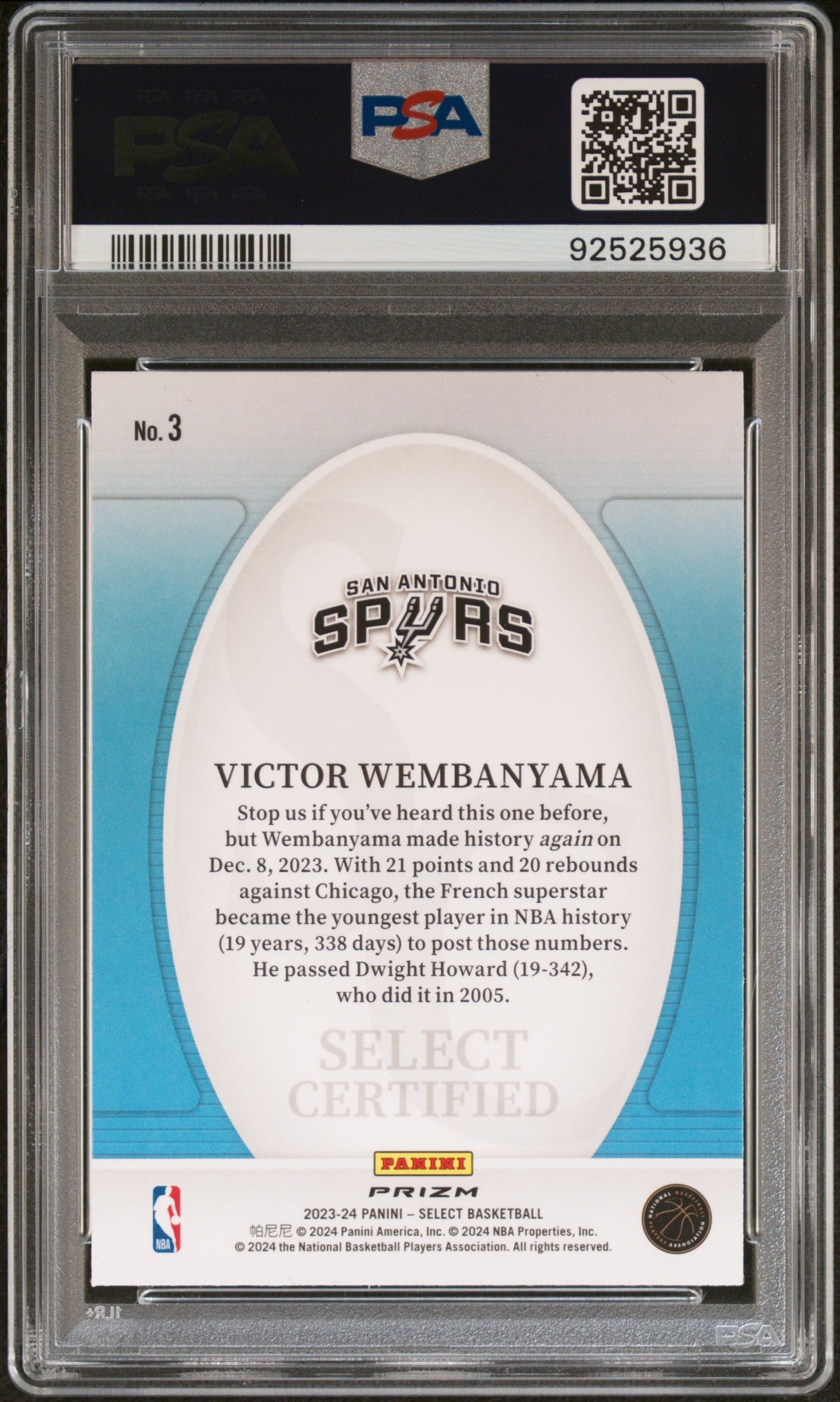 Graded 2023 Panini Select Victor Wembanyama #3 Certified Green Rookie RC Basketball Card PSA 10 Gem Mint