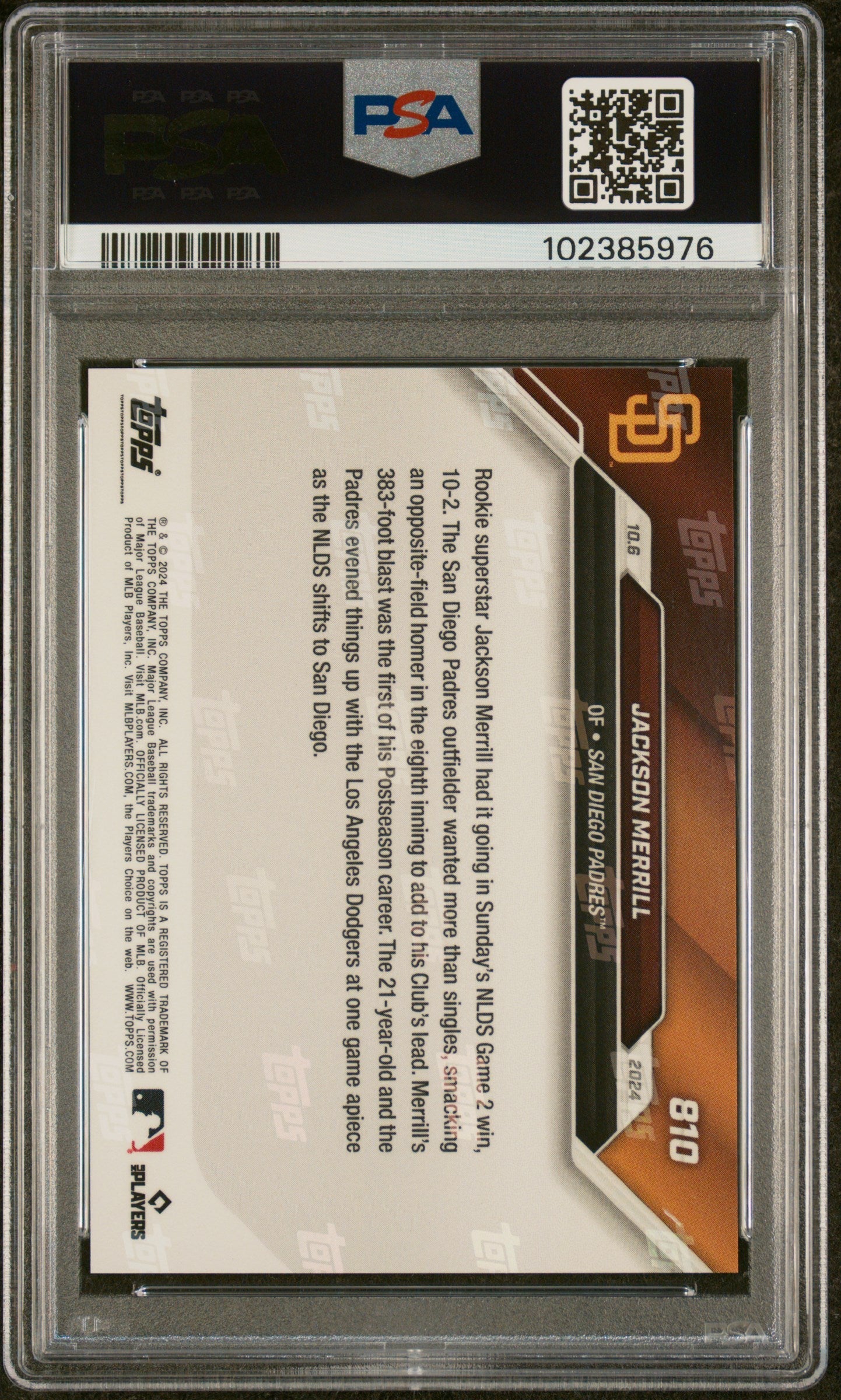 Graded 2024 Topps Now Jackson Merrill #810 Rookie RC Baseball Card PSA 10 Gem Mint