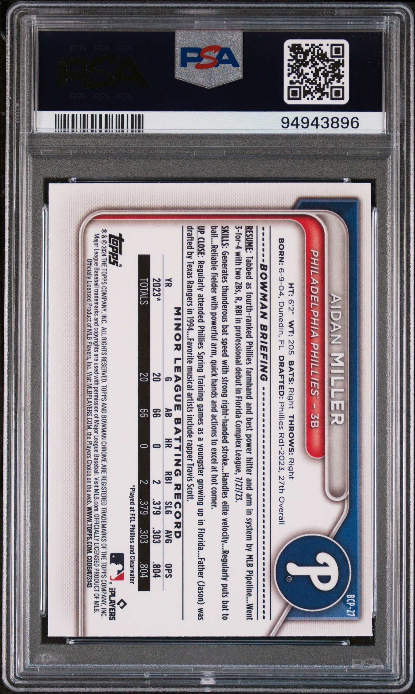 Graded 2024 Topps Bowman Aidan Miller #BCP27 Chrome Prospects Rookie RC Baseball Card PSA 10 Gem Mint