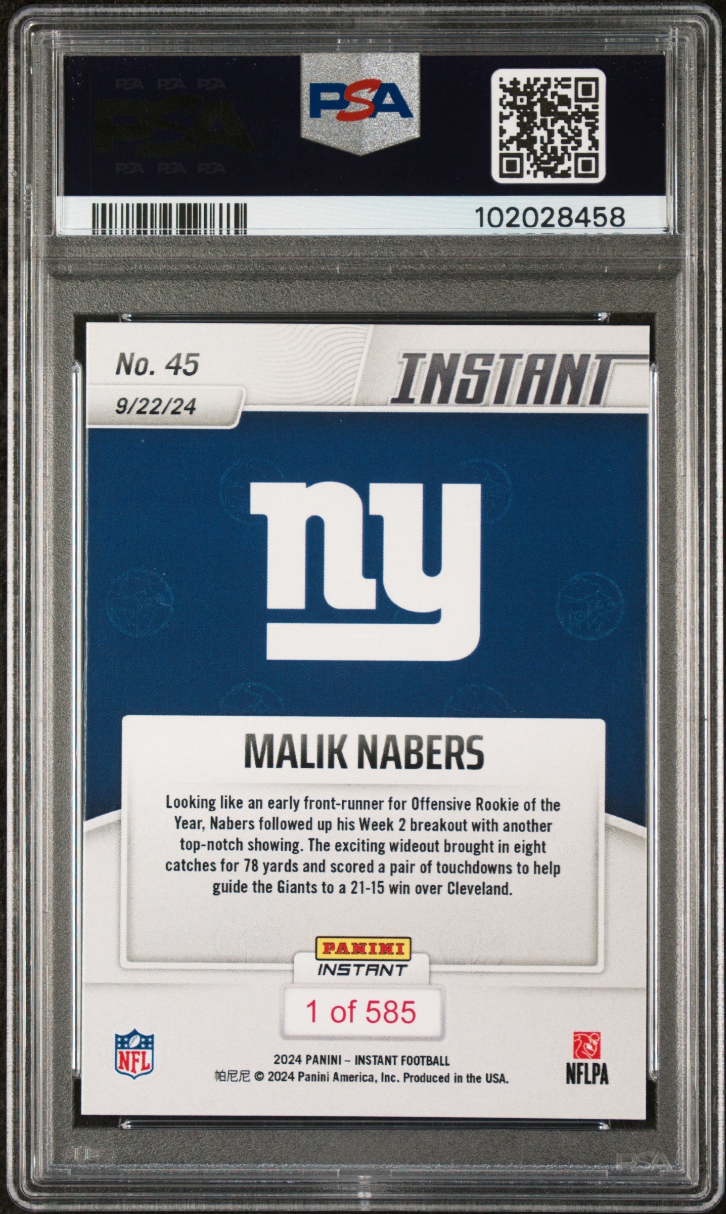 Graded 2024 Panini Instant NFL Malik Nabers #45 Rookie RC Football Card PSA 10 Gem Mint