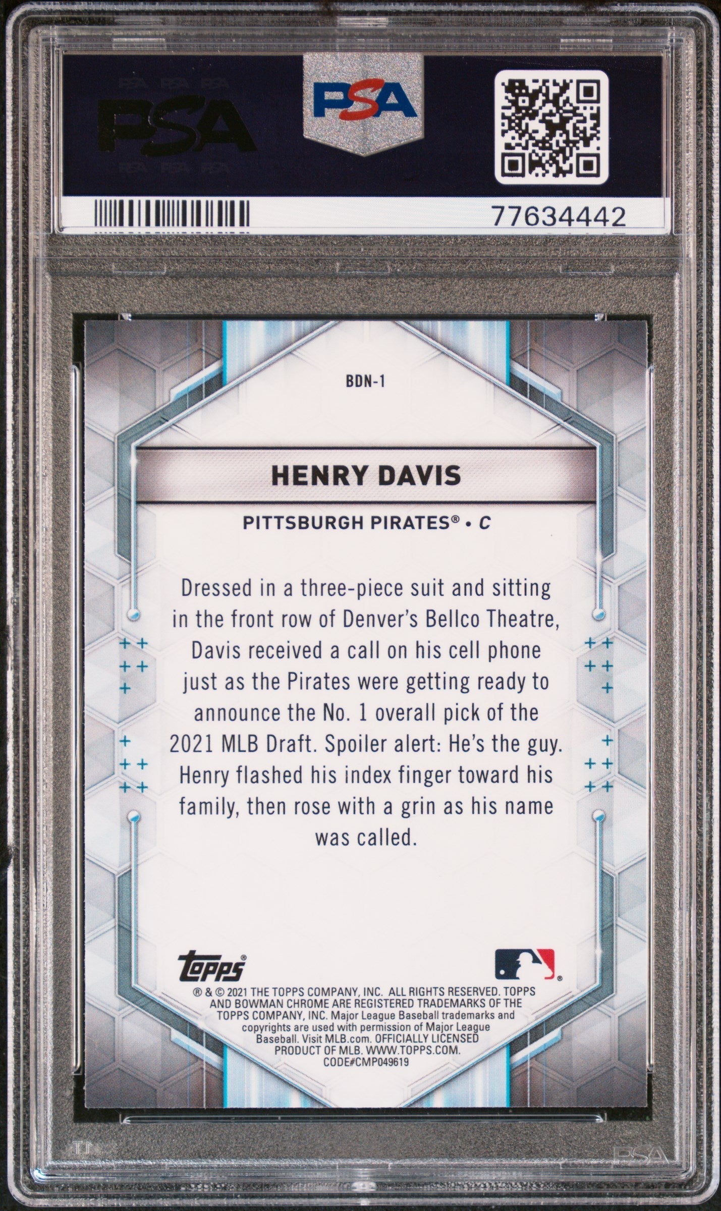 Graded 2021 Topps Bowman Draft Henry Davis #BDN1 Draft Night Rookie RC Baseball Card PSA 10 Gem Mint
