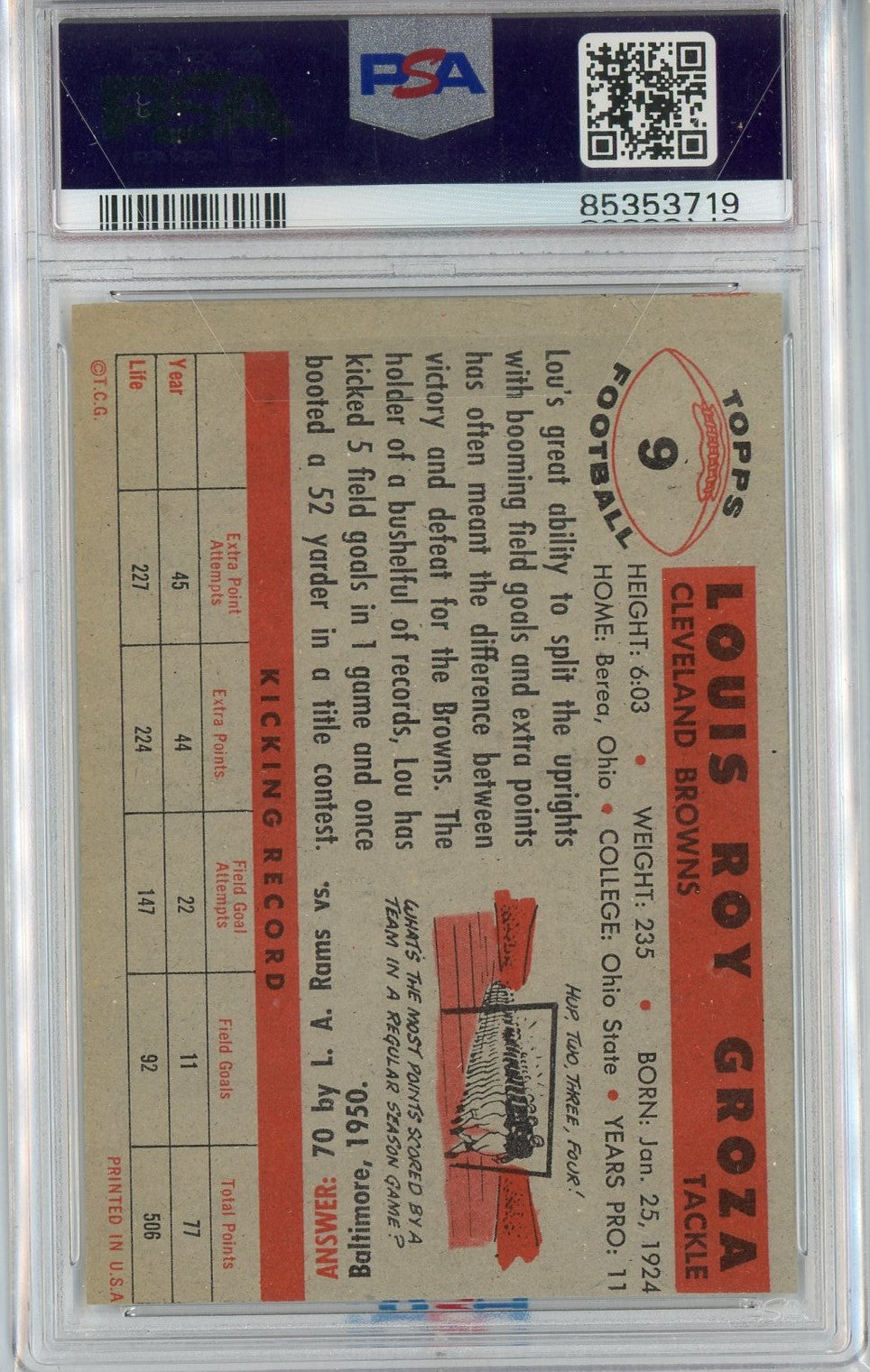 Graded 1956 Topps Lou Groza #9 Football Card PSA 6 EX-MT