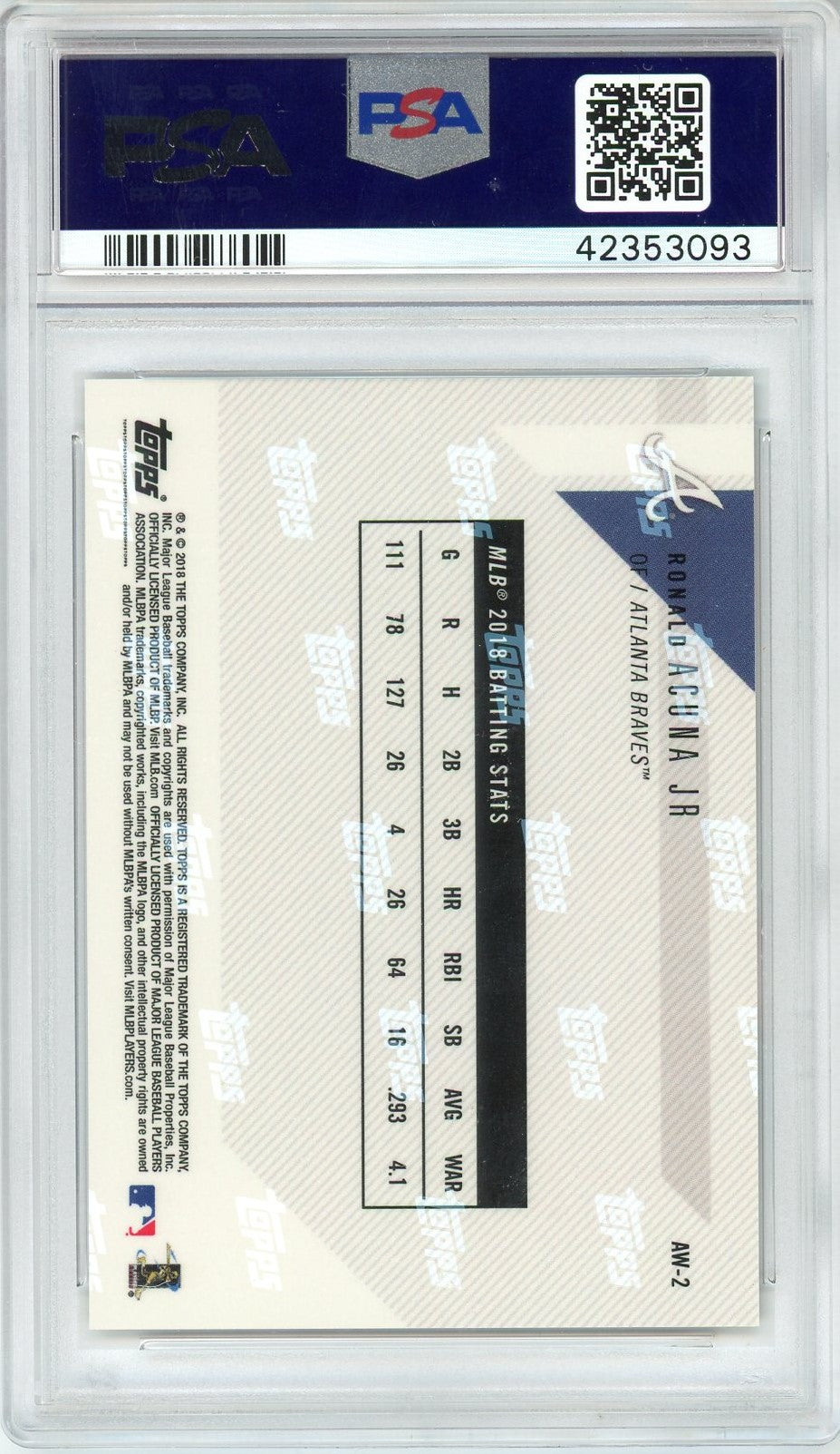 Graded 2018 Topps Now O/S Ronald Acuna Jr. #AW-2 Award Winner Rookie RC Baseball Card PSA 10 Gem Mint