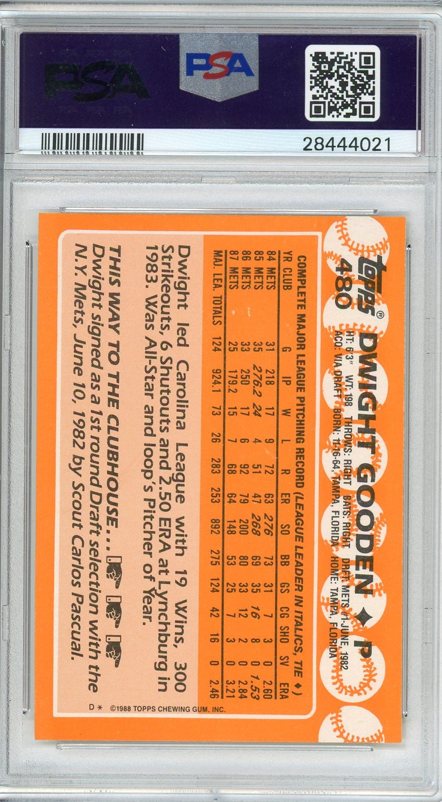 Graded 1988 Topps Tiffany Dwight Doc Gooden #480 Baseball Card PSA 10 Gem Mint