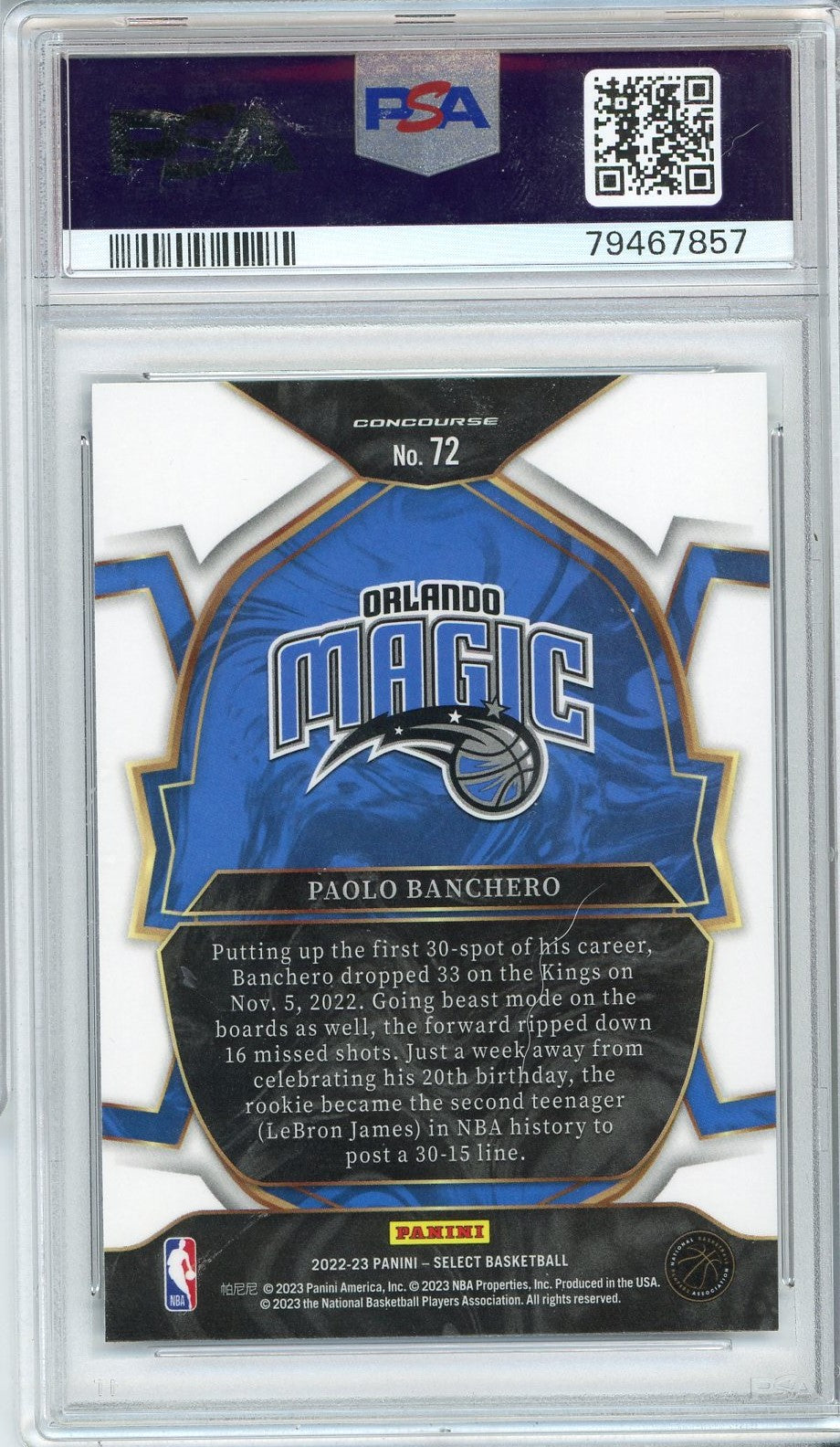 Graded 2022 Panini Select Paolo Banchero #72 Blue Rookie RC Basketball Card PSA 10 Gem Mint