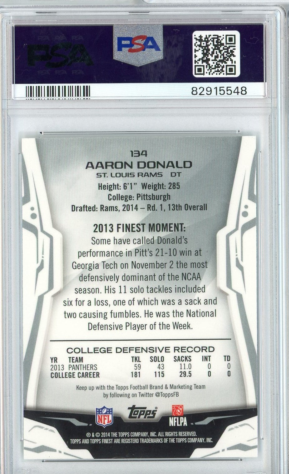 Graded 2014 Topps Finest Aaron Donald #134 Refractor Rookie RC Football Card PSA 10 Gem Mint