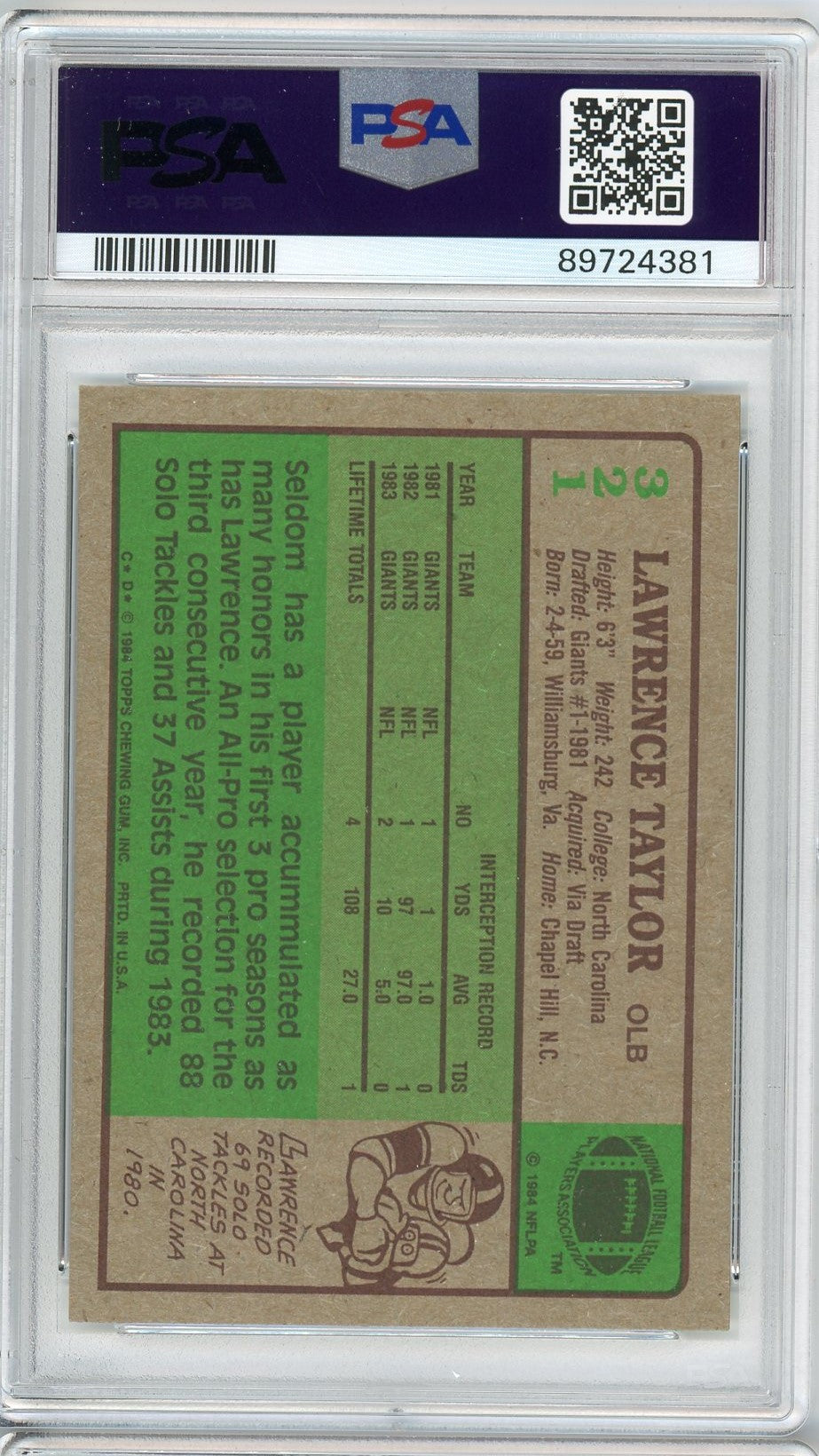 Graded 1984 Topps Lawrence Taylor #321 Football Card PSA 9 Mint