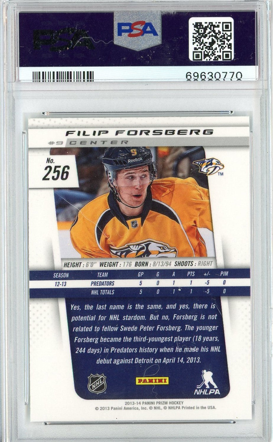 Graded 2013 Panini Prizm Filip Forsberg #256 Rookie RC Hockey Card PSA 10 Gem Mint