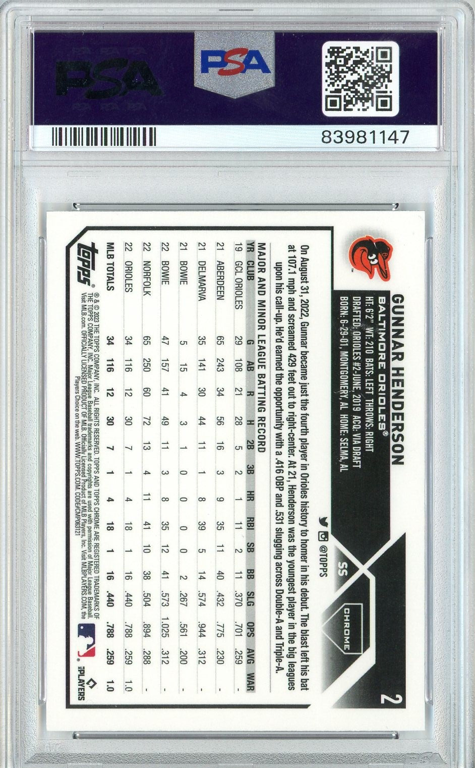 Graded 2023 Topps Chrome Gunnar Henderson #2 Rookie RC Baseball Card PSA 10 Gem Mint