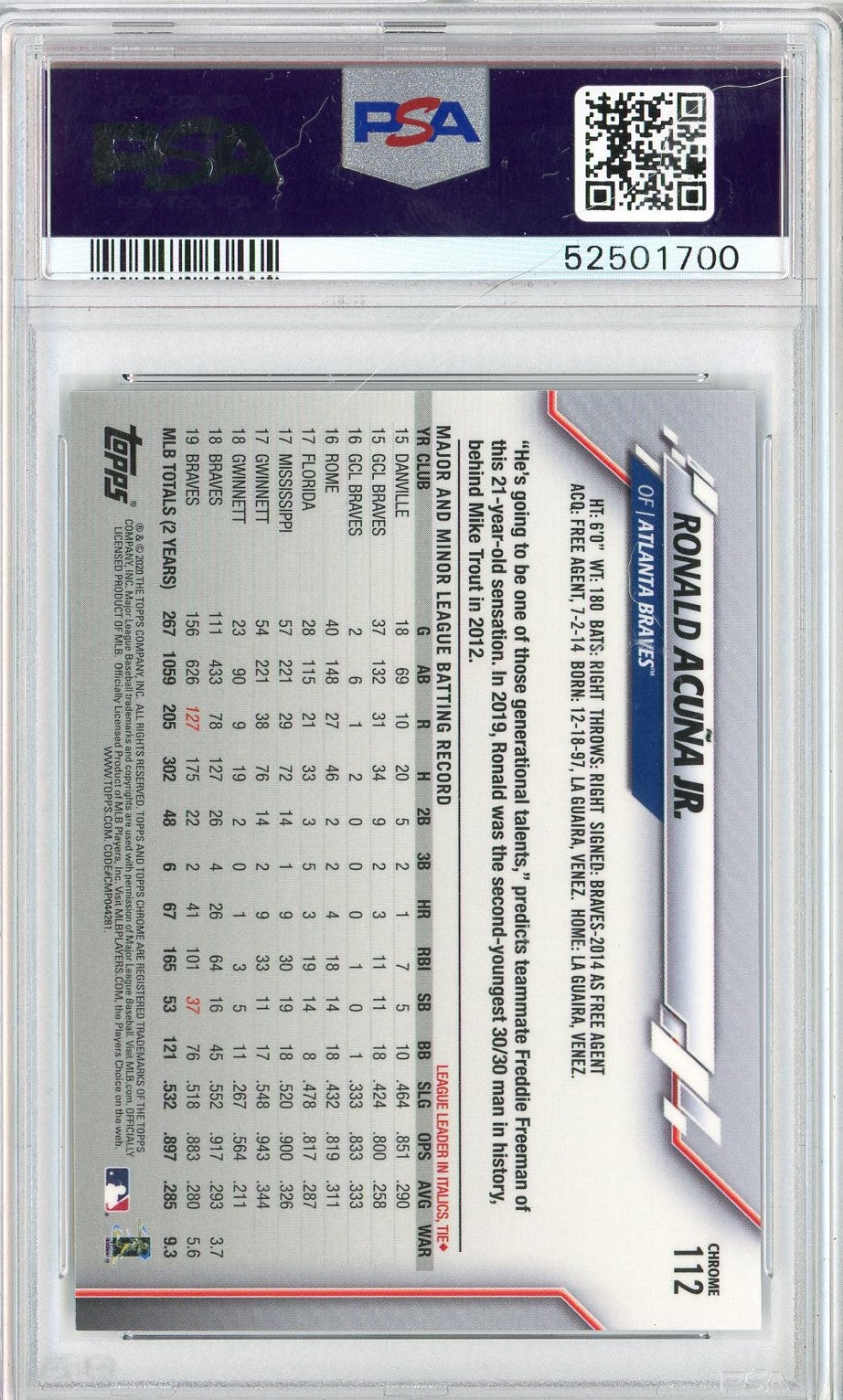 Graded 2020 Ben Baller Chrome Ronald Acuna Jr. #112 Baseball Card PSA 10 Gem Mint - Sport Cards